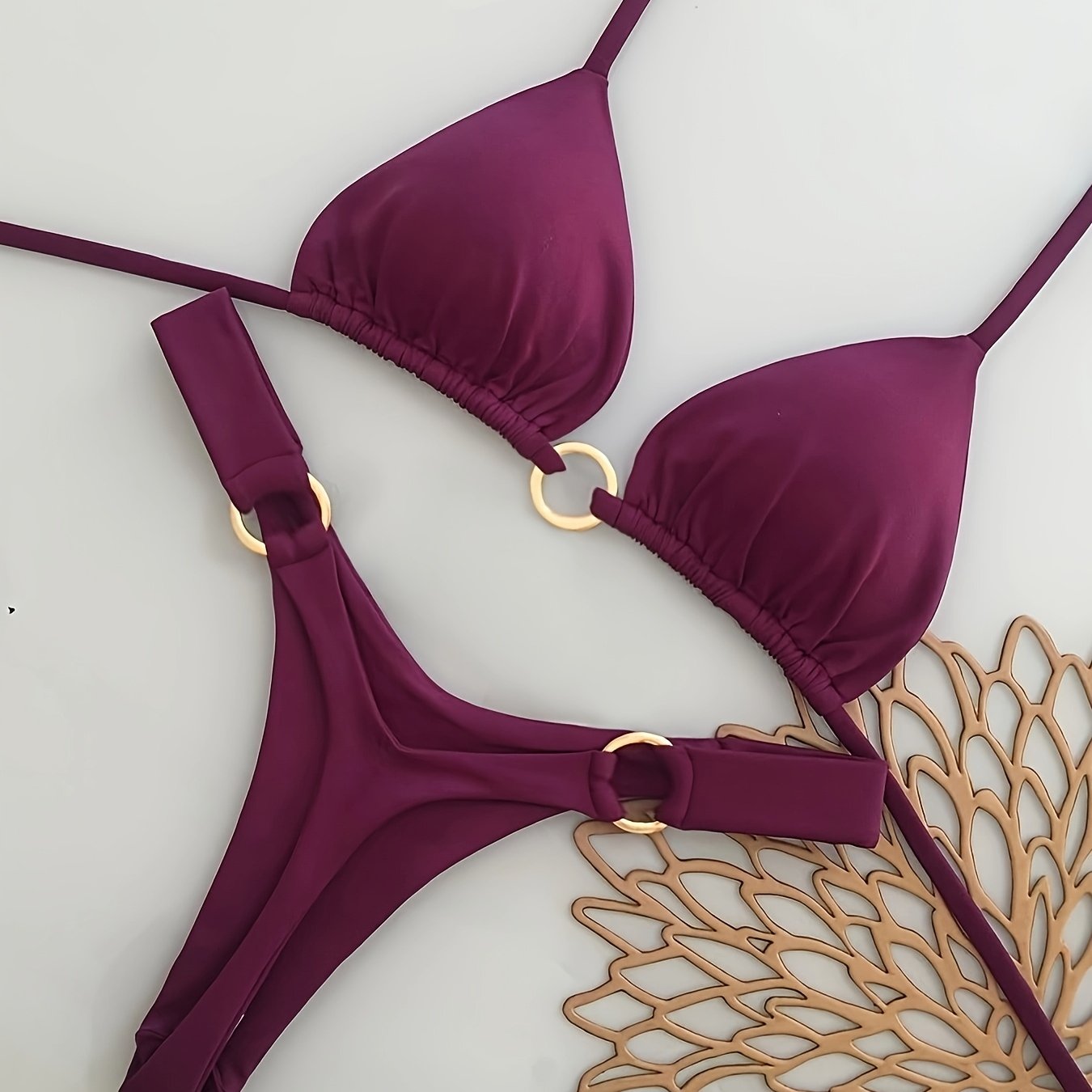 TEMU Deep Tone Purple Style Vacation Metallic Ring Bikini Set