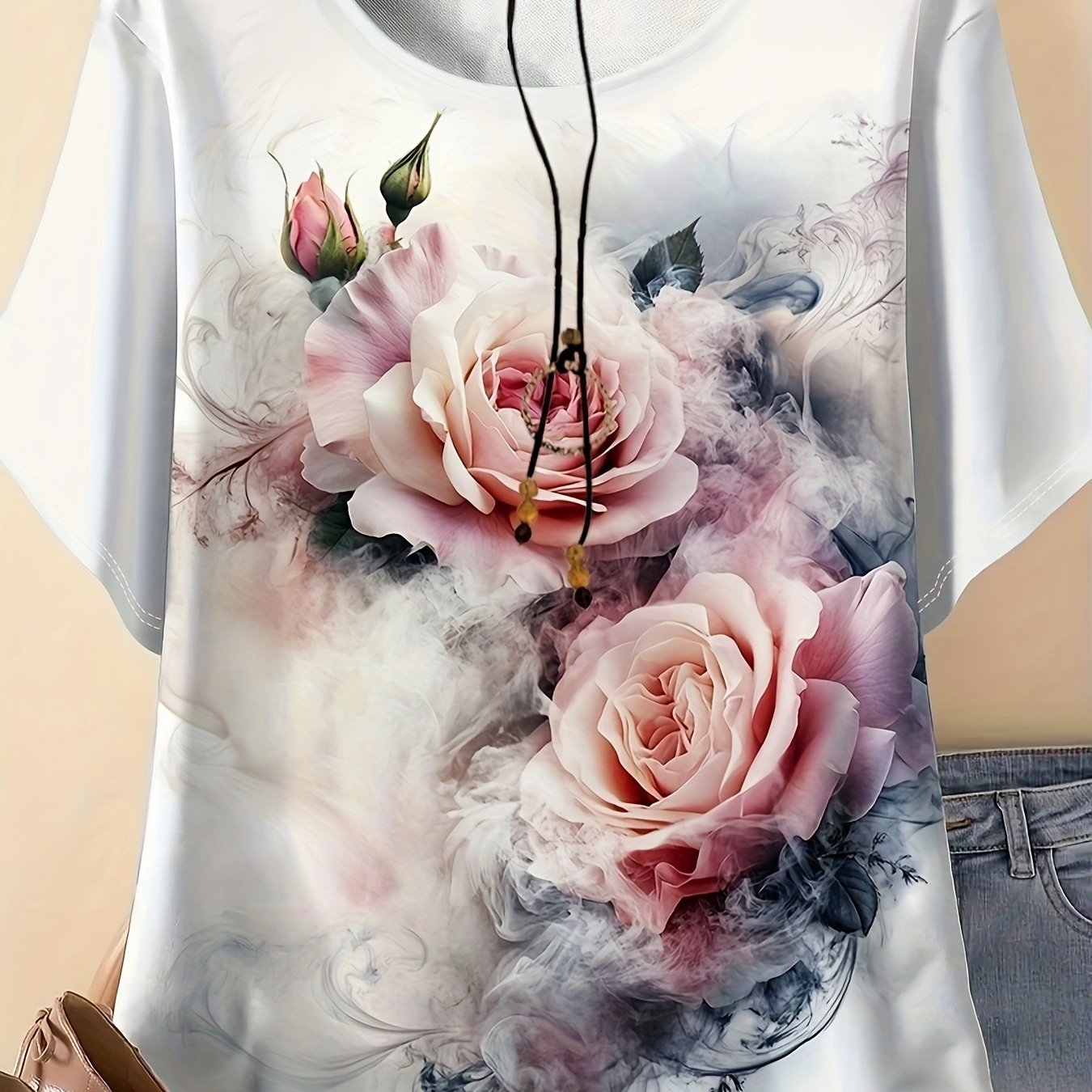 Plus Size - Plus Sizes Women's Floral T-shirt - Short-sleeved, Round-neck Top, Machine Washable, Comfortable For , Nature-, Comfortable Fabric, Artistic Print Shirt