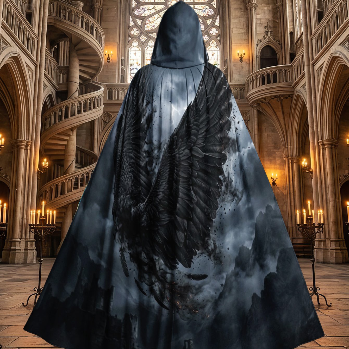 TEMU 2d Flat, 1pc Halloween & Christmas Hooded Cloak With Dark Winged Design, Full-length Adult Cape For And Holiday Costume Dress-up