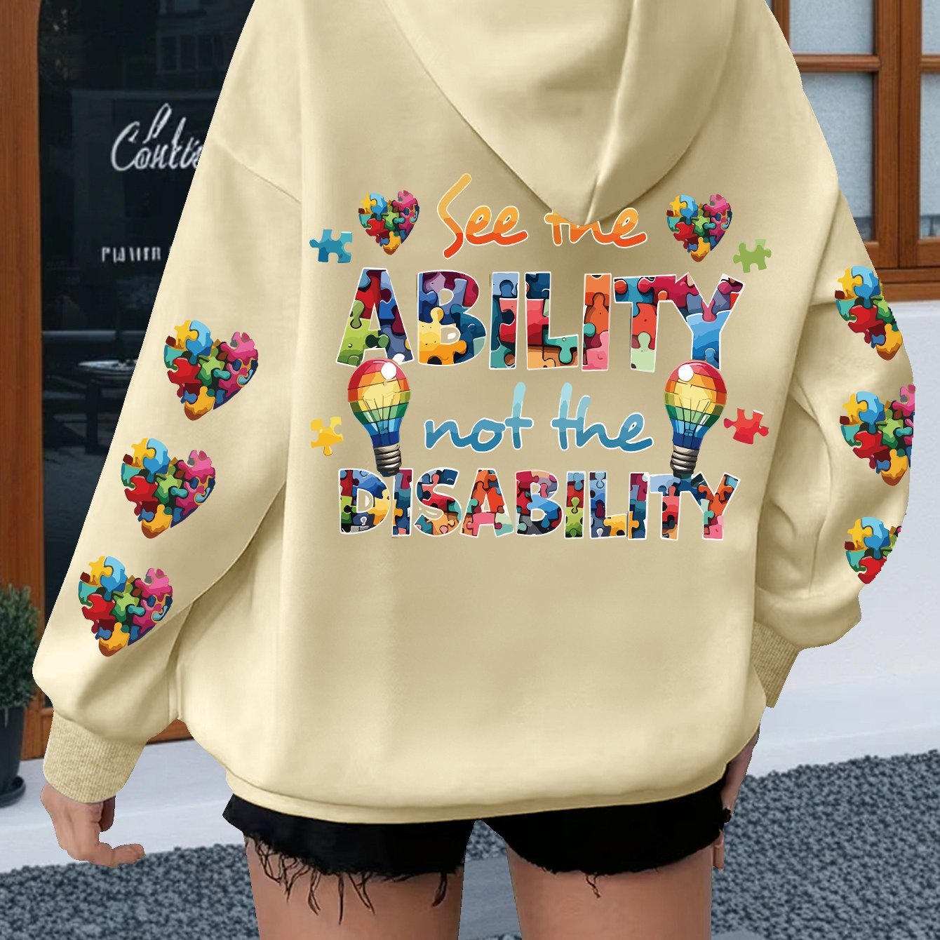 TEMU Women's Plus Size Autism Awareness Hoodie - "see The Not Disability" Graphic Print With Puzzle Pieces & Hearts, Oversized Casual Pullover