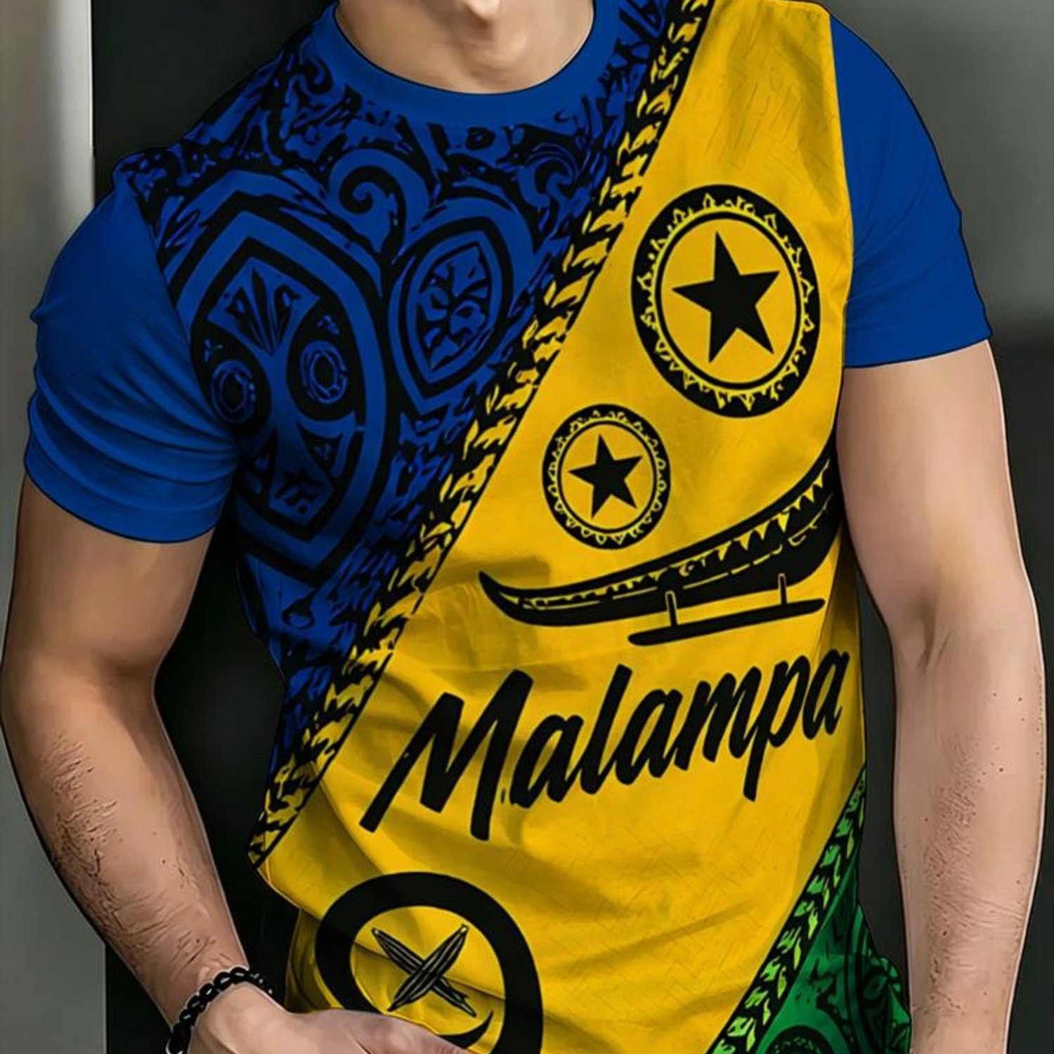 TEMU Malampa Split Polynesian Tattoo Print T-shirt, -pointed Star Canoe Traditional Pattern, Vanuatu Travel Wear, Island Holiday Matching Item, Retro