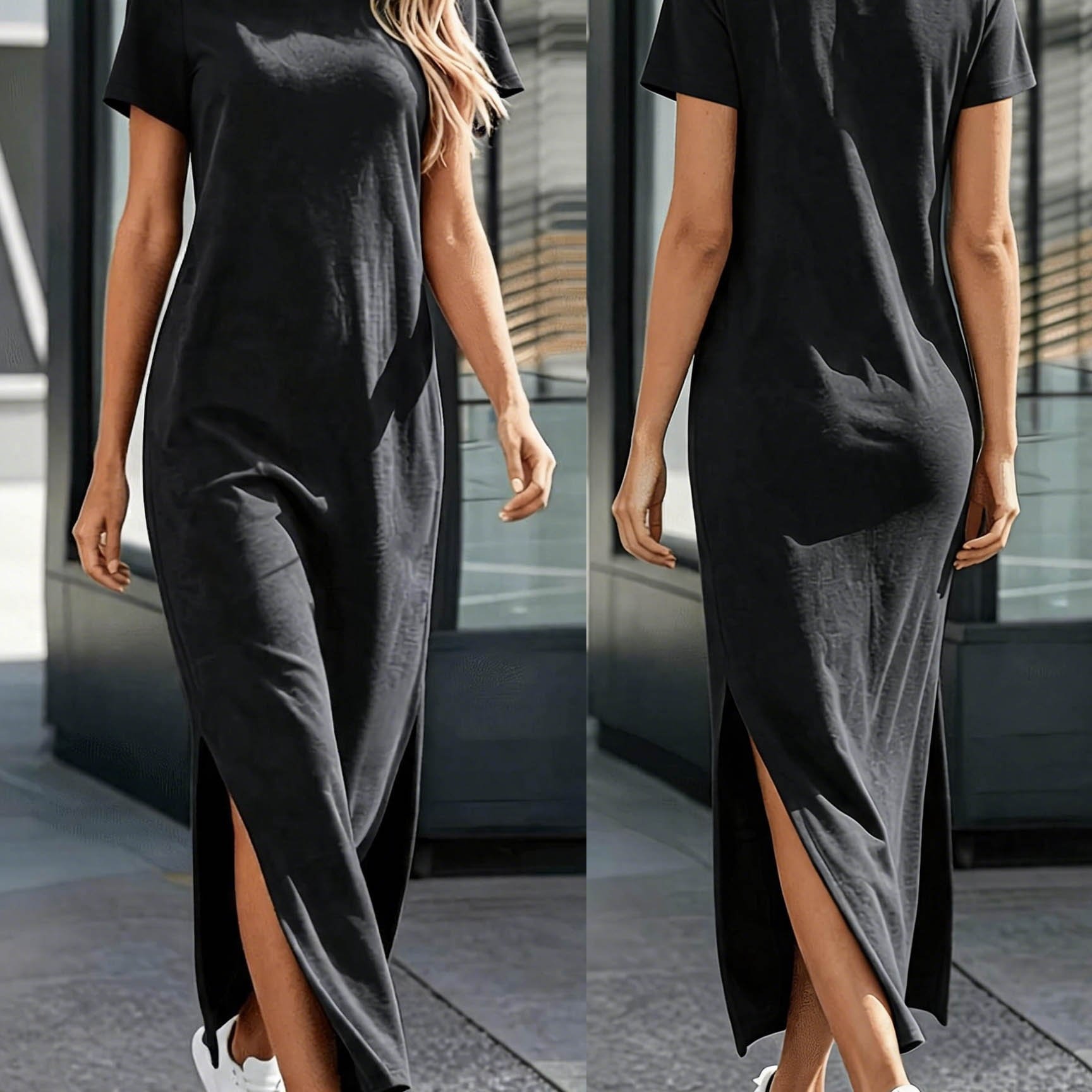 TEMU Women's Elegant Short Sleeve T-shirt Dress - Round Neck Slit Hem Modal Dress Suitable For Spring Summer Fall, Machine Washable Tunic Dress With