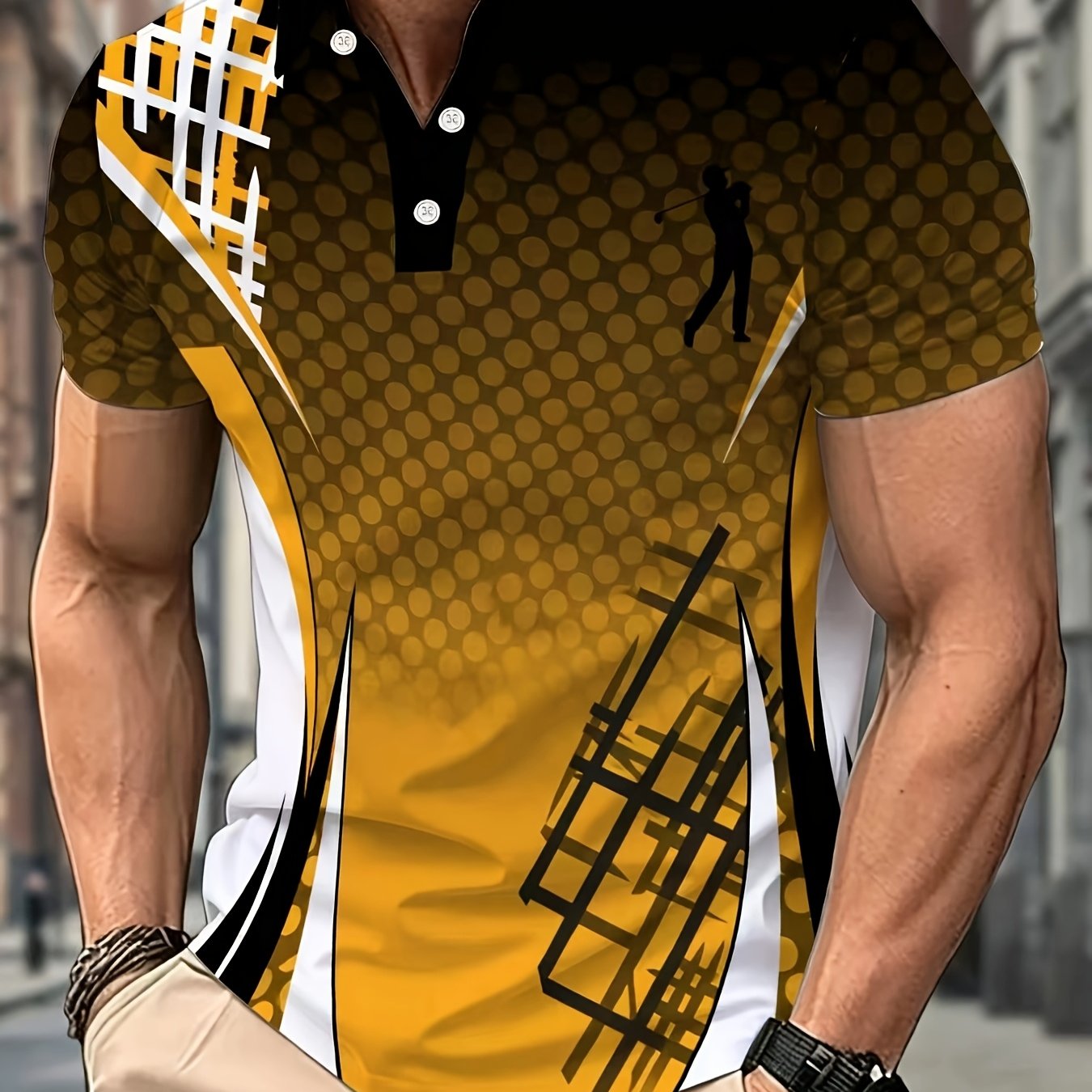 TEMU Men's Casual Sport Short-sleeve Shirt With Geometric Stripes And Golf Pattern Print, Machine-washable Fabric, Breathable Regular Fit, Suitable