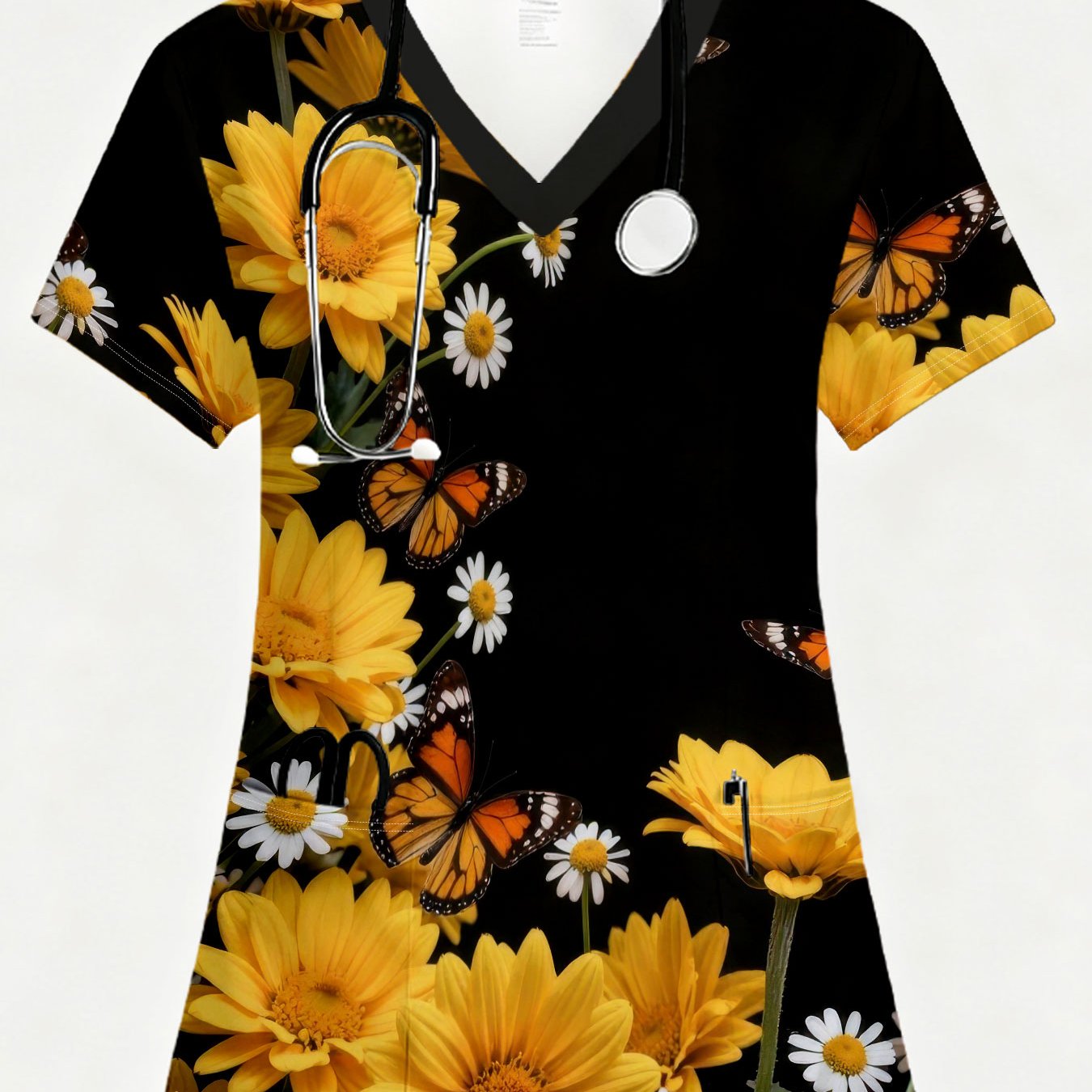 TEMU A Lady's Nurse Uniform With Printing On A White Background, 2 Pockets, V-neck, Featuring A Vibrant Arrangement Of Yellow Daisies And , Suitable