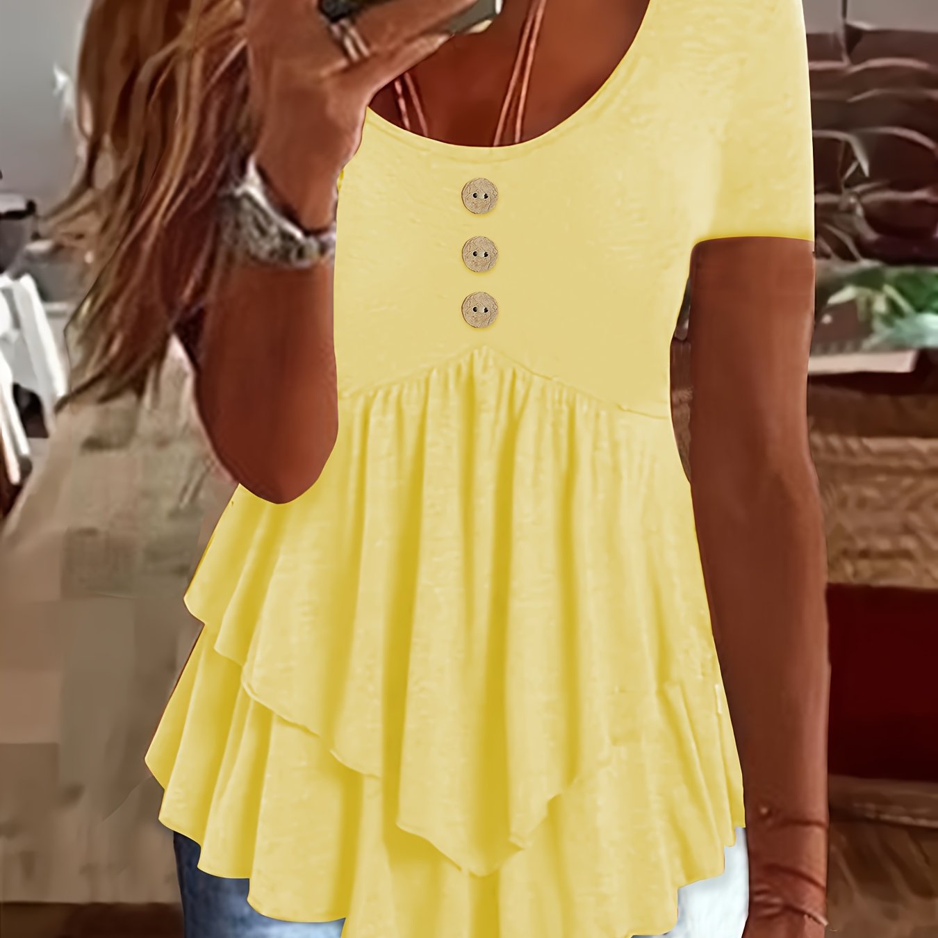 TEMU Solid Color Crew Neck T-shirt, Casual Short Sleeve Button Front Flare Tiered Top For , Women's Clothing