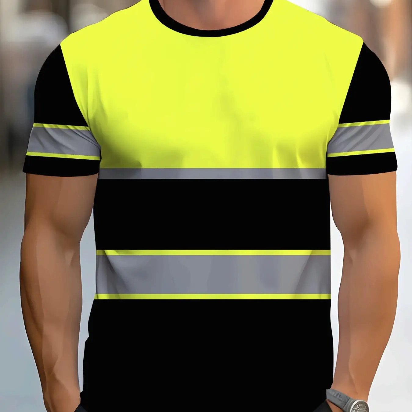 TEMU [printed Design - Non-textured] Men's High-strength Athletic T-shirt - Lightweight Breathable Black And Yellow Contrast Sweat-absorbent Gym Top,