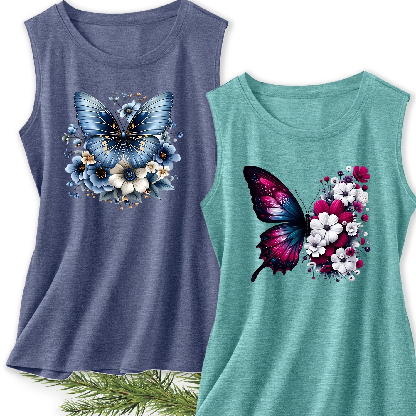 TEMU Women's Elegant Vest 2pcs , Pattern With Blue And White Floral Clusters, Gift Series Print, Soft Stretchy Round Neck Casual Top, Suitable For