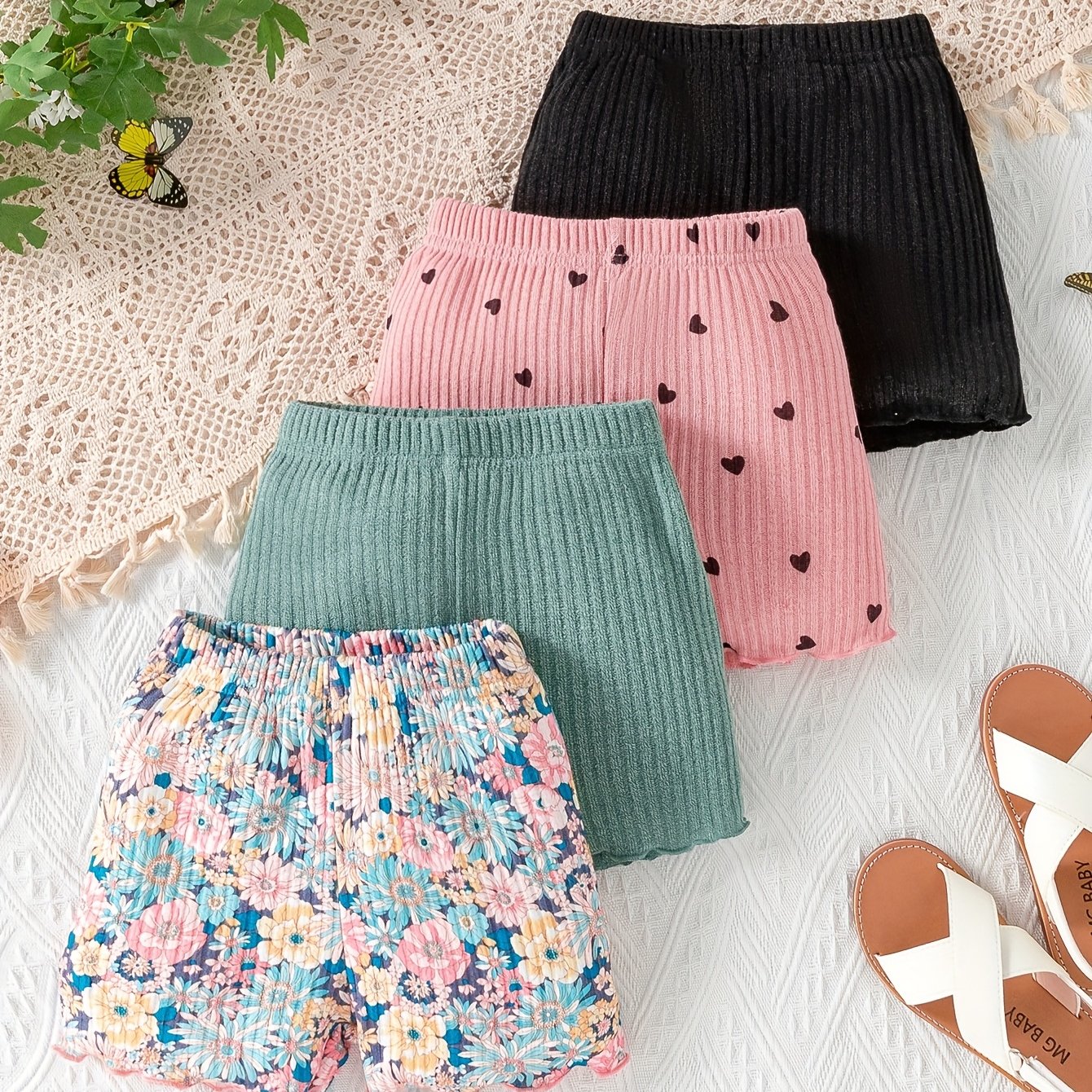 Girls' New Summer Solid Color Random Print Slimming Shorts 4pcs, Perfect For Outdoor
