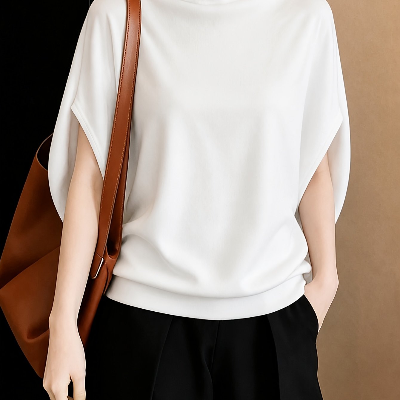TEMU Autumn/winter Women's Fashion Half-turtleneck Batwing Sleeve Relaxed Commuter Style Versatile Everyday Top