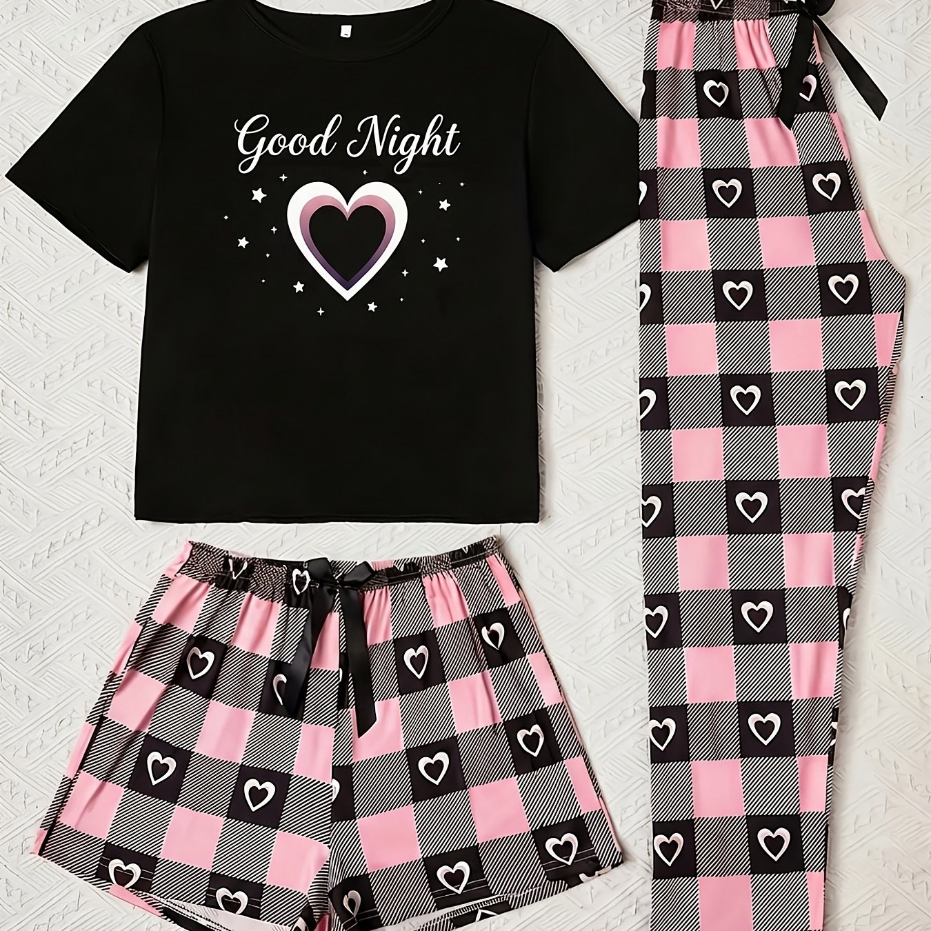 TEMU Women's Casual Pajama Set - Round Neck Short Sleeve Top, Shorts & Pants 3pcs Set In European Style. The Pants Feature A Red And Black Checkered