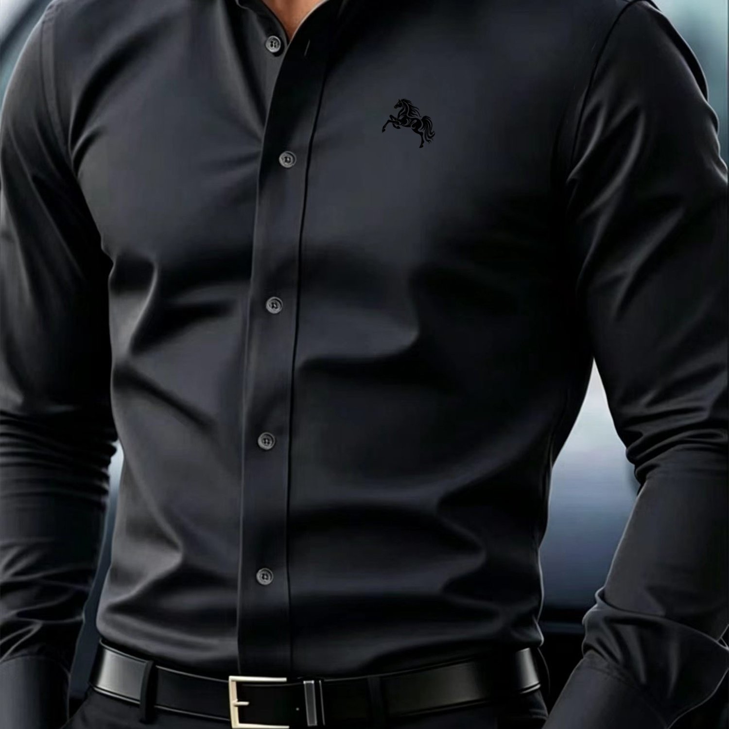 TEMU Chemise à manches longues pour homme, imprimé cheval noir de luxe, chemise formelle d' pour homme, haut imprimé polyvalent pour navetteur de