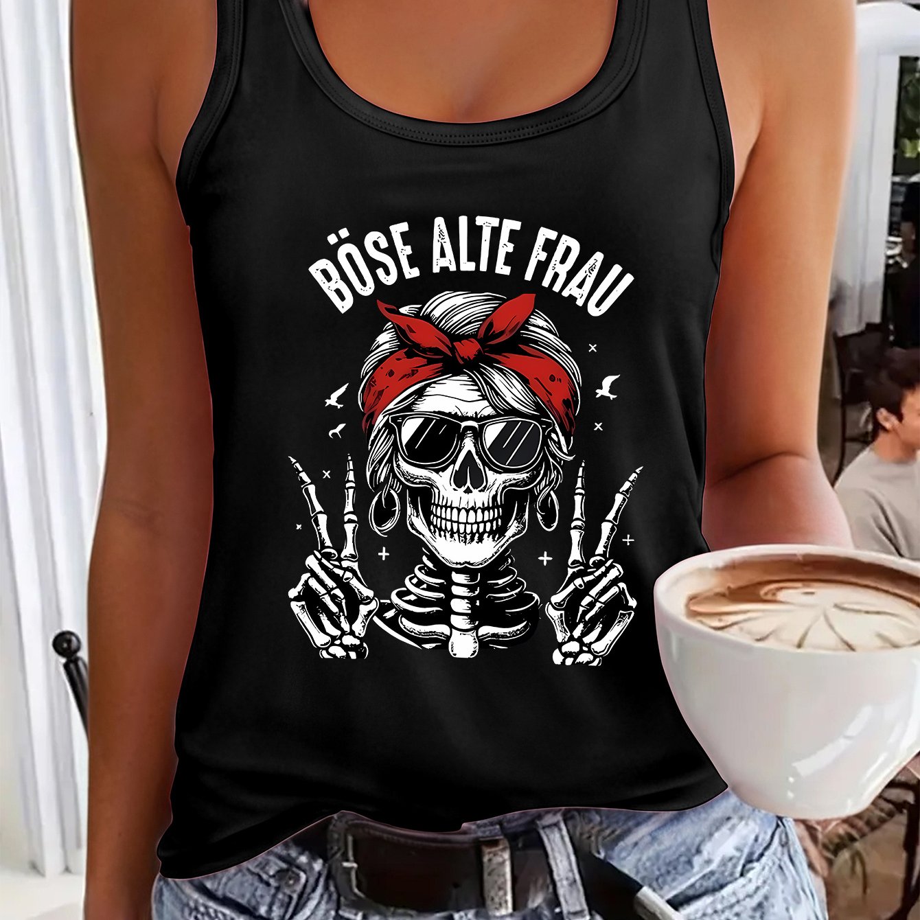Women's Sleeveless Racer Vest With Glasses-wearing Skeleton Print - Round Neck Sleeveless Top, Medium--washable Summer Blouse For Spring Summer Fall, Quirky Gothic Outfit Essential