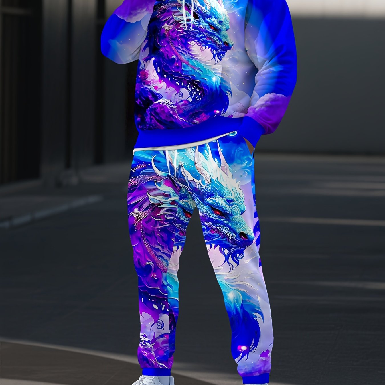 Image of 2pcs Cyber Dragon Print Hooded Sweatshirt And Drawstring Pants Set | Men's Casual Long Sleeve Hoodie With Full-body Gradient Blue And Print, Stretch Fabric For Fall/winter
