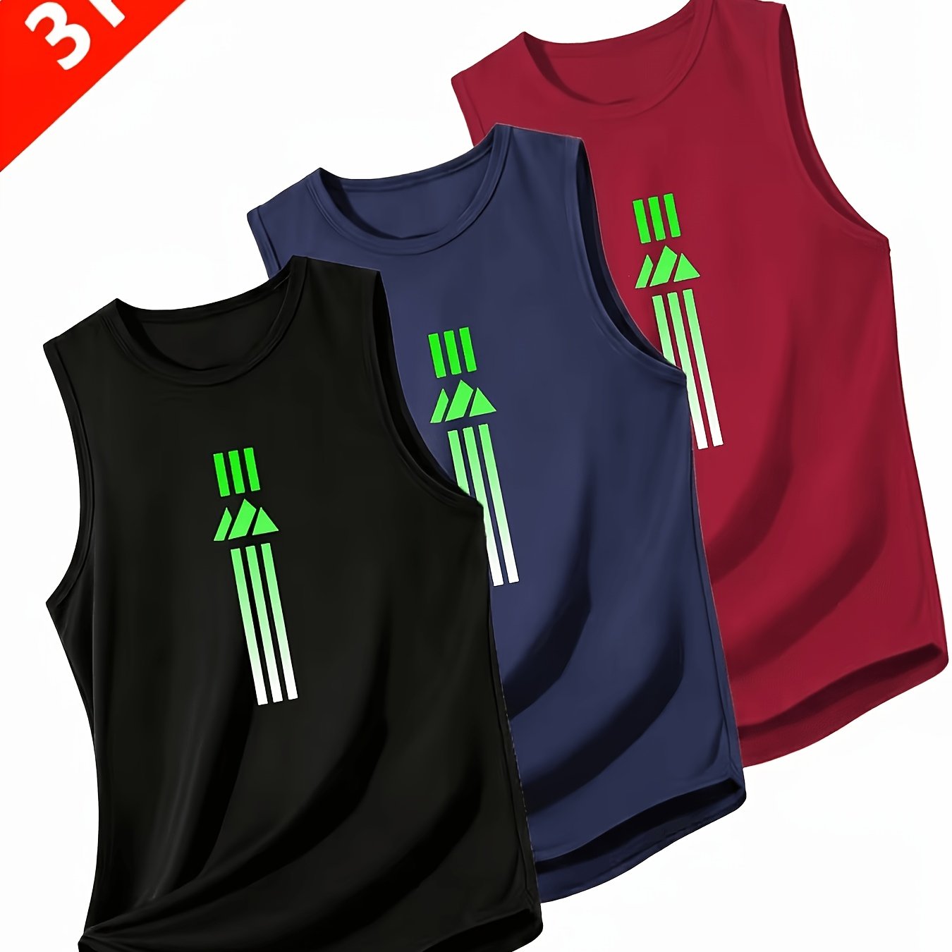 TEMU Men's 3pcs Quick-dry Sleeveless Sports Vests, Fresh Fluorescent Green Geometric Vertical Stripe Print, Breathable Fabric For A Cool And , Loose
