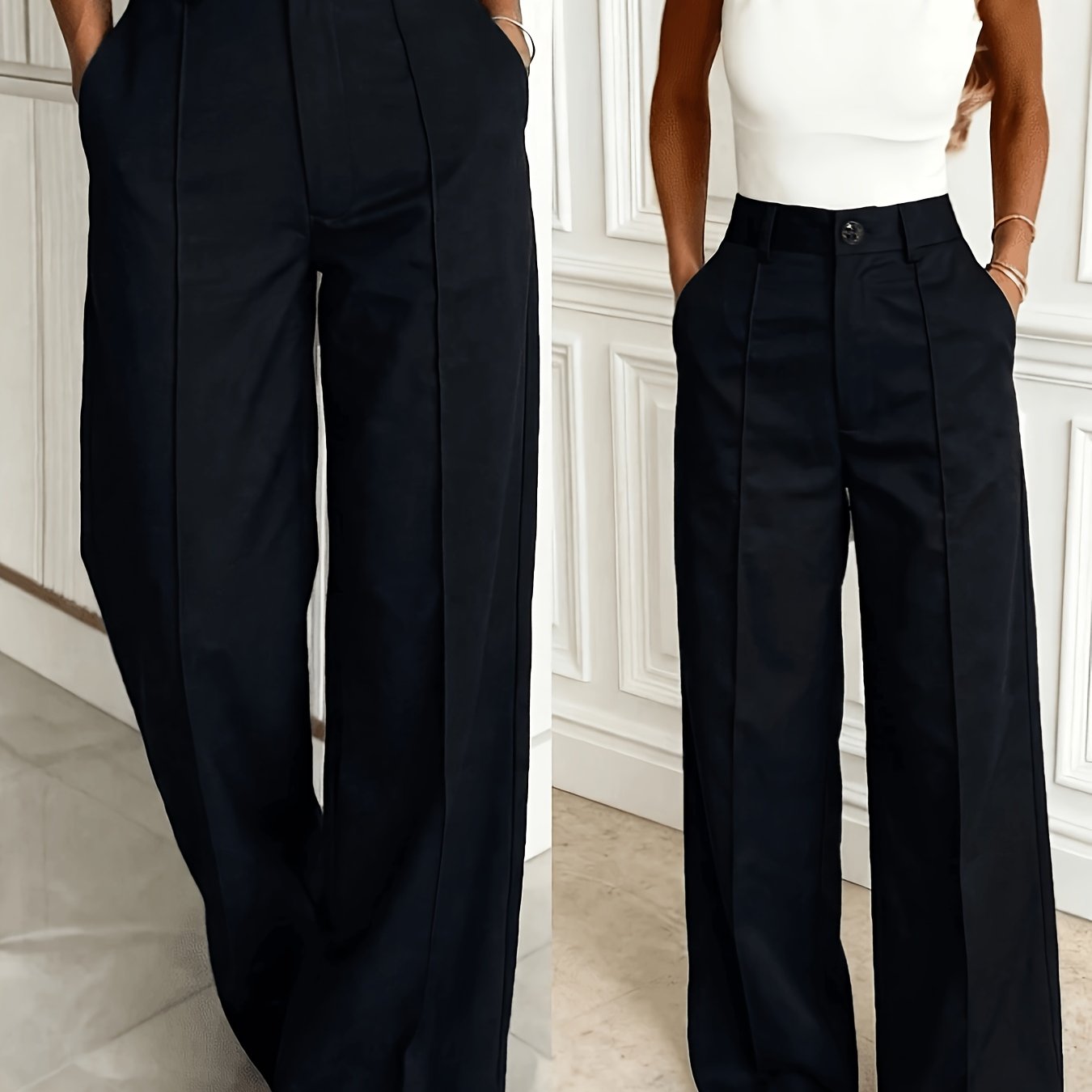 TEMU Women's Minimalist Fashion Solid Color High-waist Loose Wide-leg Pants, Button Zipper Pocket Casual Commuter Straight Trousers, Suit Trousers,