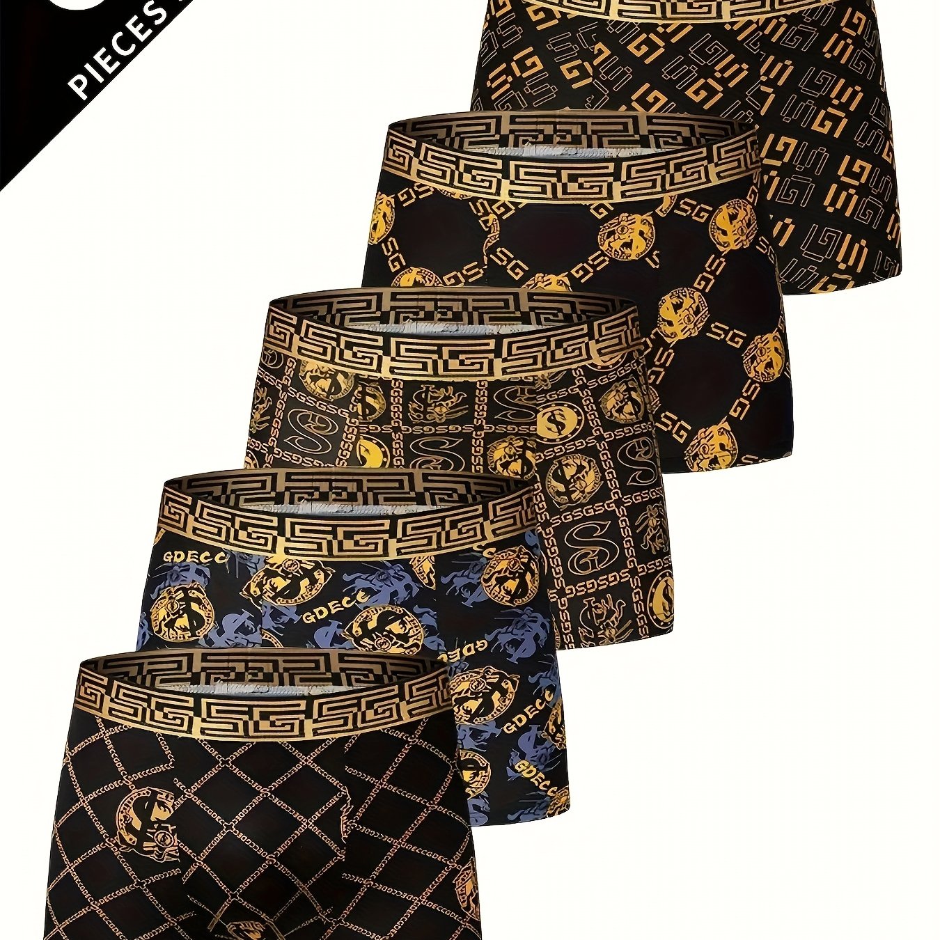 TEMU Random 5pcs Men's Ultra-thin Breathable Boxer Briefs, Black And Chain Design, Polyester Fiber, Suitable For Daily Wear And Special Occasions,