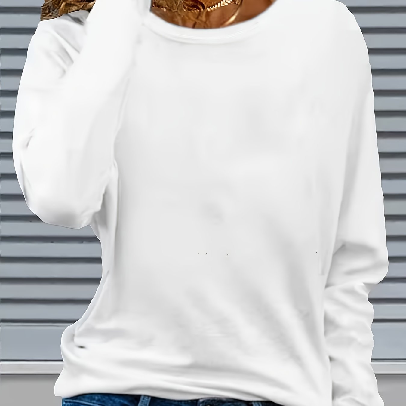 E-shop Elegantes Damen Langarm T-Shirt, Reines Weiß, Frühlings Sommer Herbst Winter Freizeit Rundhals T-Shirt, Vielseitig
