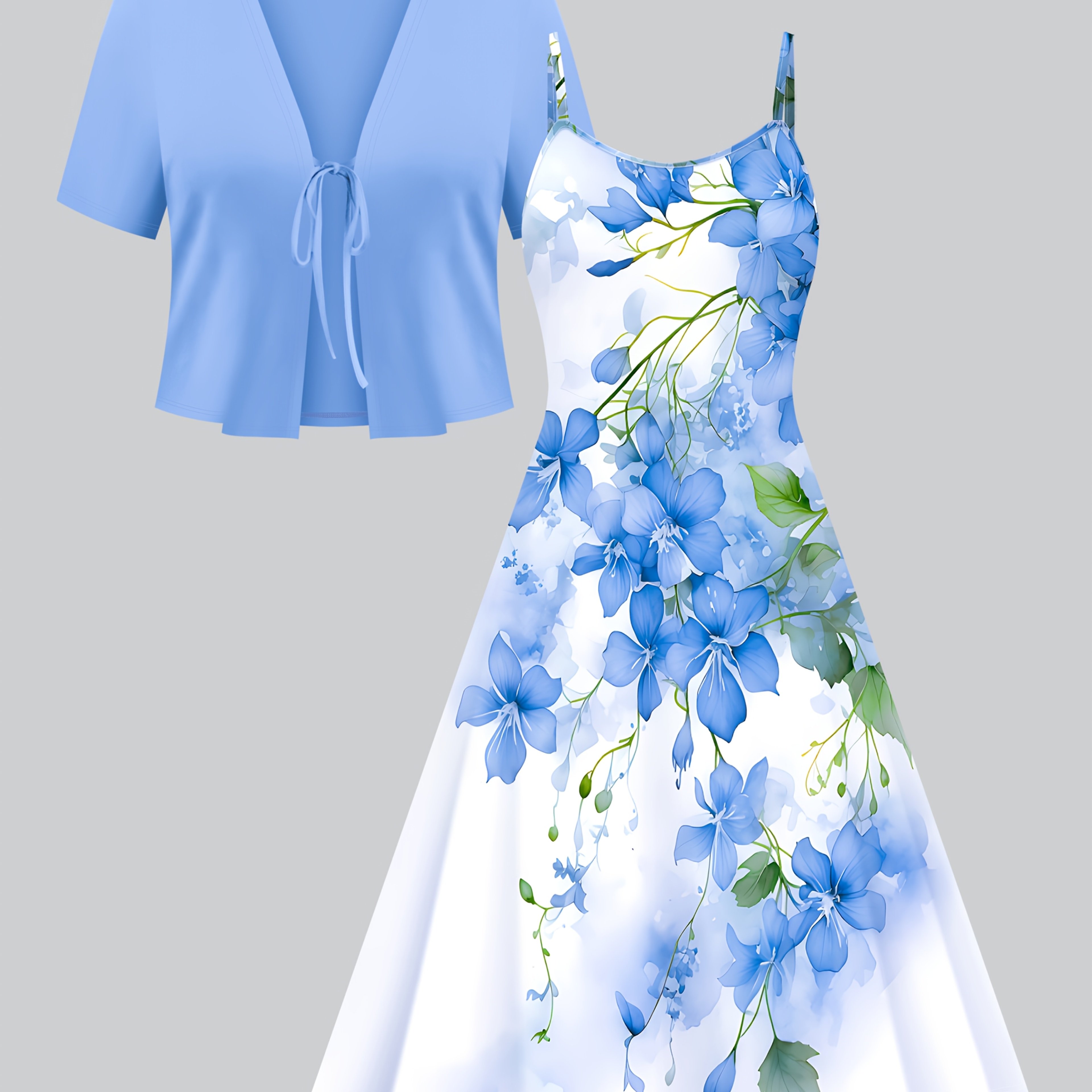 E-shop Damens Elegantes Set: Kurzarm-Oberteil mit Schnürung und Blumenmuster-Trägerkleid – Zweiteiler in Unifarben