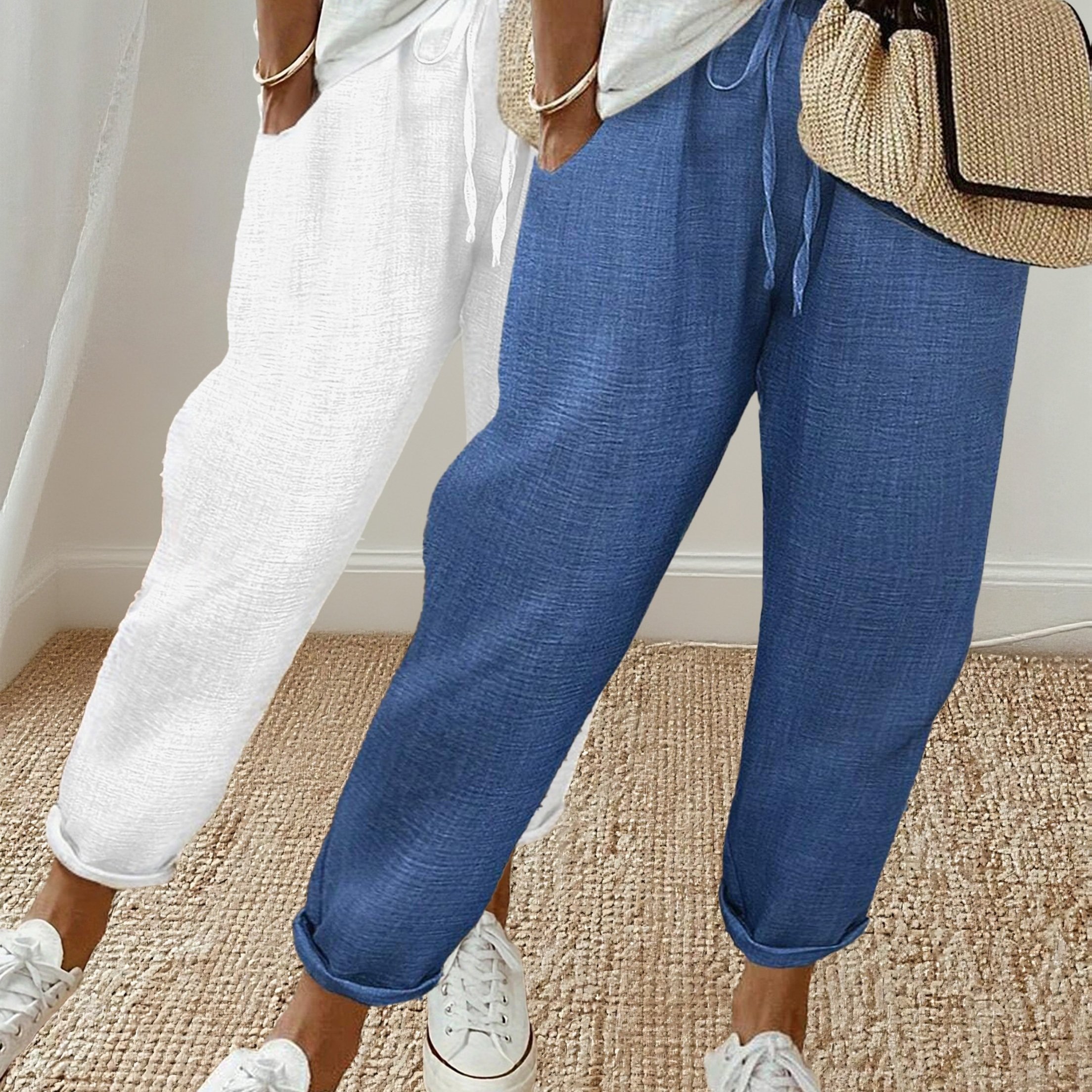 Image of 2pcs Dual-color Mixed Casual Vacation Home Women's Long Pants Elastic Waist Decorative Drawstring Women's Ankle Pants