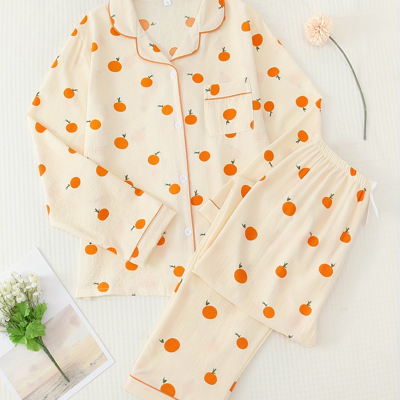 Orange Print Long Sleeve Long Pants Women's Collared Suit