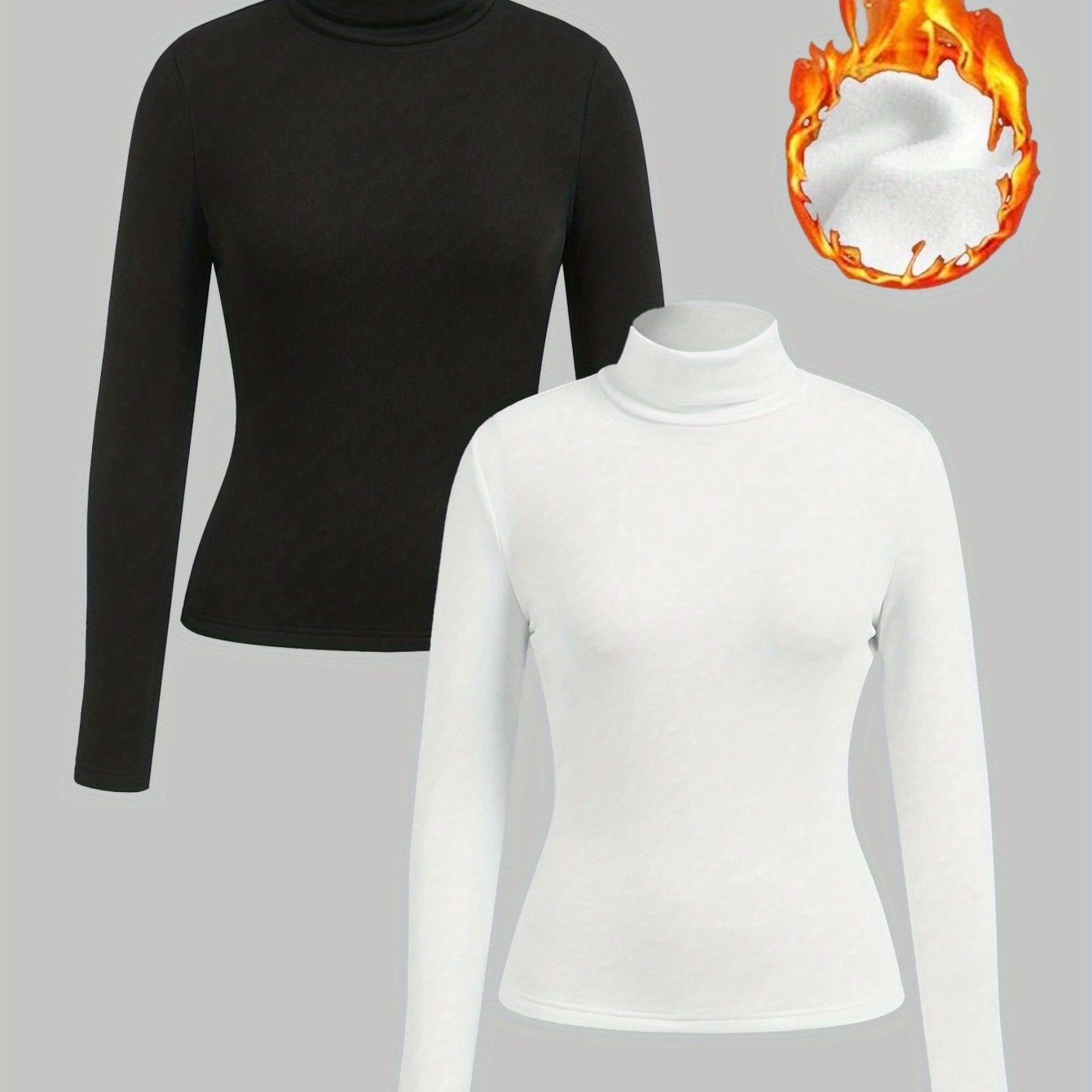 E-shop 2 Stück Damen Thermounterwäsche Langarm-Oberteile mit hohem Kragen – Layeringshirts für den Winter, Casual Unifarbene Blusen, Maschinenwaschbare