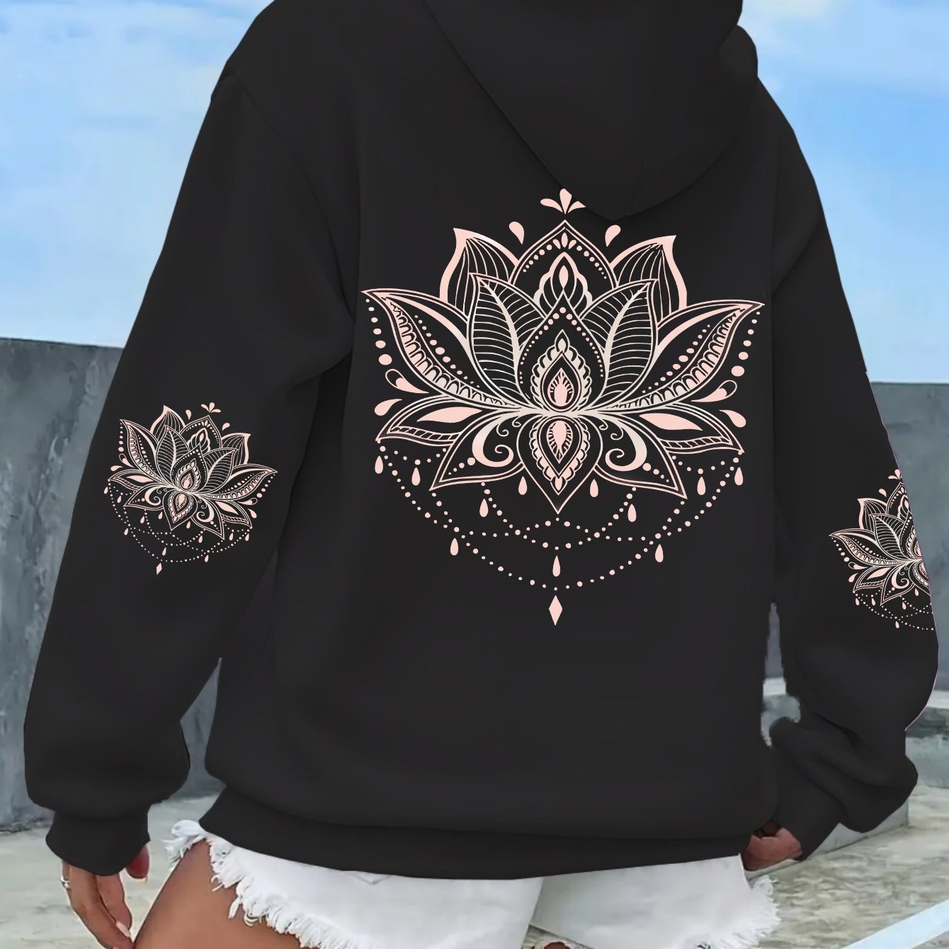 Image of Women's For Lotus Print Hoodie - Loose Fit With Kangaroo Pocket And Drawstring Hood, Machine Washable, Comfortable For , Cute And Fun Sweatshirt