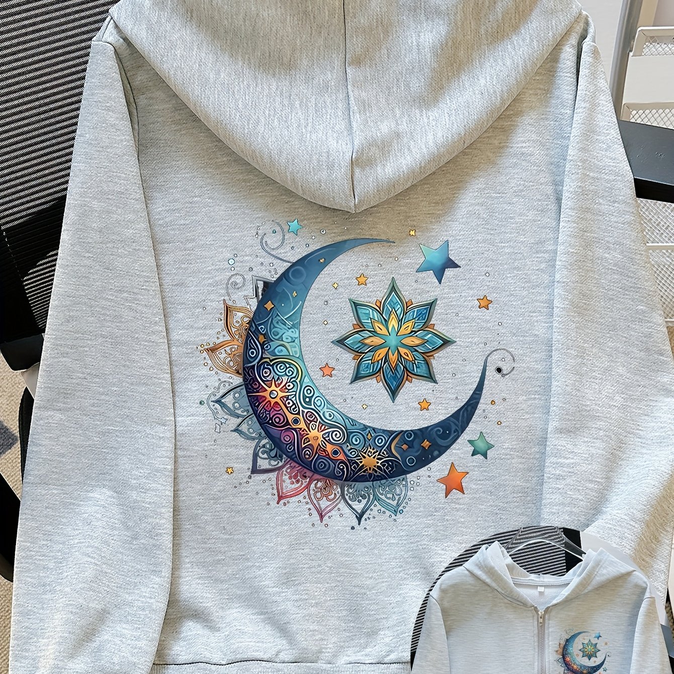 TEMU Veste à Capuche Femme à Manches Longues avec Fermeture Éclair, Imprimé et Étoiles Fantaisie, Polyester Légèrement Élastique, Vêtement Femme