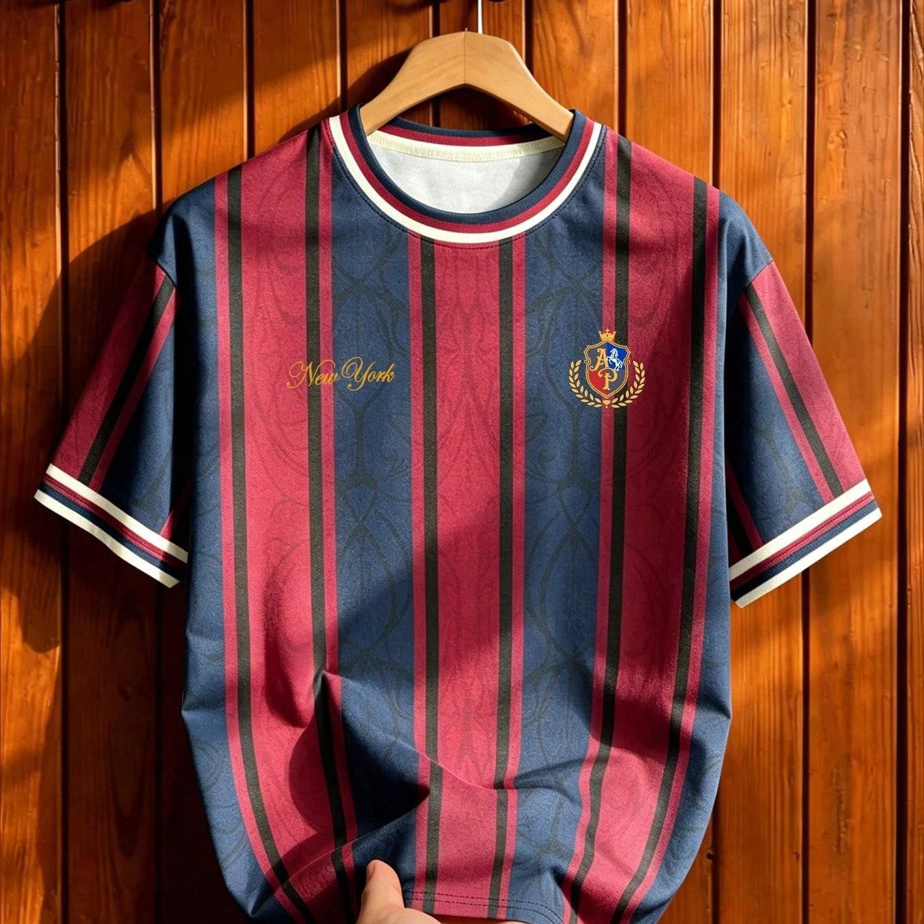 TEMU Print Design Not Textured/embroidered/sequins Not Jean The Print Blue Pinstripe Badge Letter Print Short Sleeve T-shirt Men's American Dark