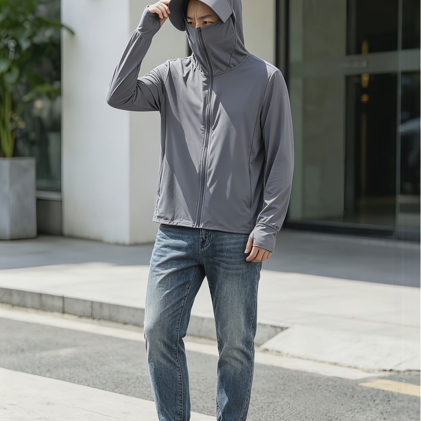 TEMU メンズ サマーアイスジャケット フード付き 通気性 長袖コート 軽量 アウトドア 釣り用アウターウェア