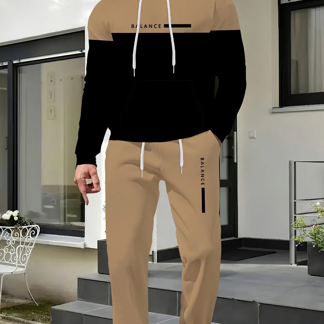 TEMU Men's Spring And Autumn And Black Casual Hooded Sweatshirt Set, Plus Size