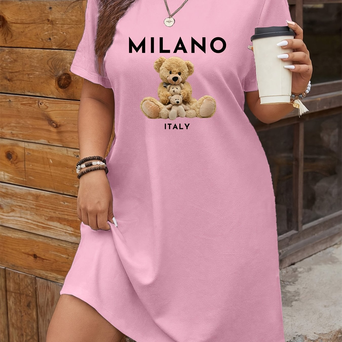 TEMU Women's Casual Short Sleeve T-shirt Dress With "" & Teddy Bear Graphic Print - Stretchy Knit Fabric, Round Neck, Machine Washable Spring Summer