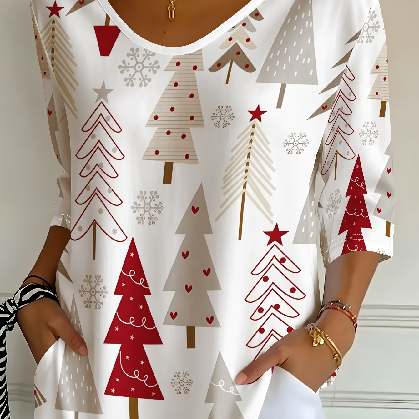 TEMU Women's Nordic Red Gray Christmas Print V-neck Three-quarter Sleeve T-shirt, Spring Autumn Casual Top