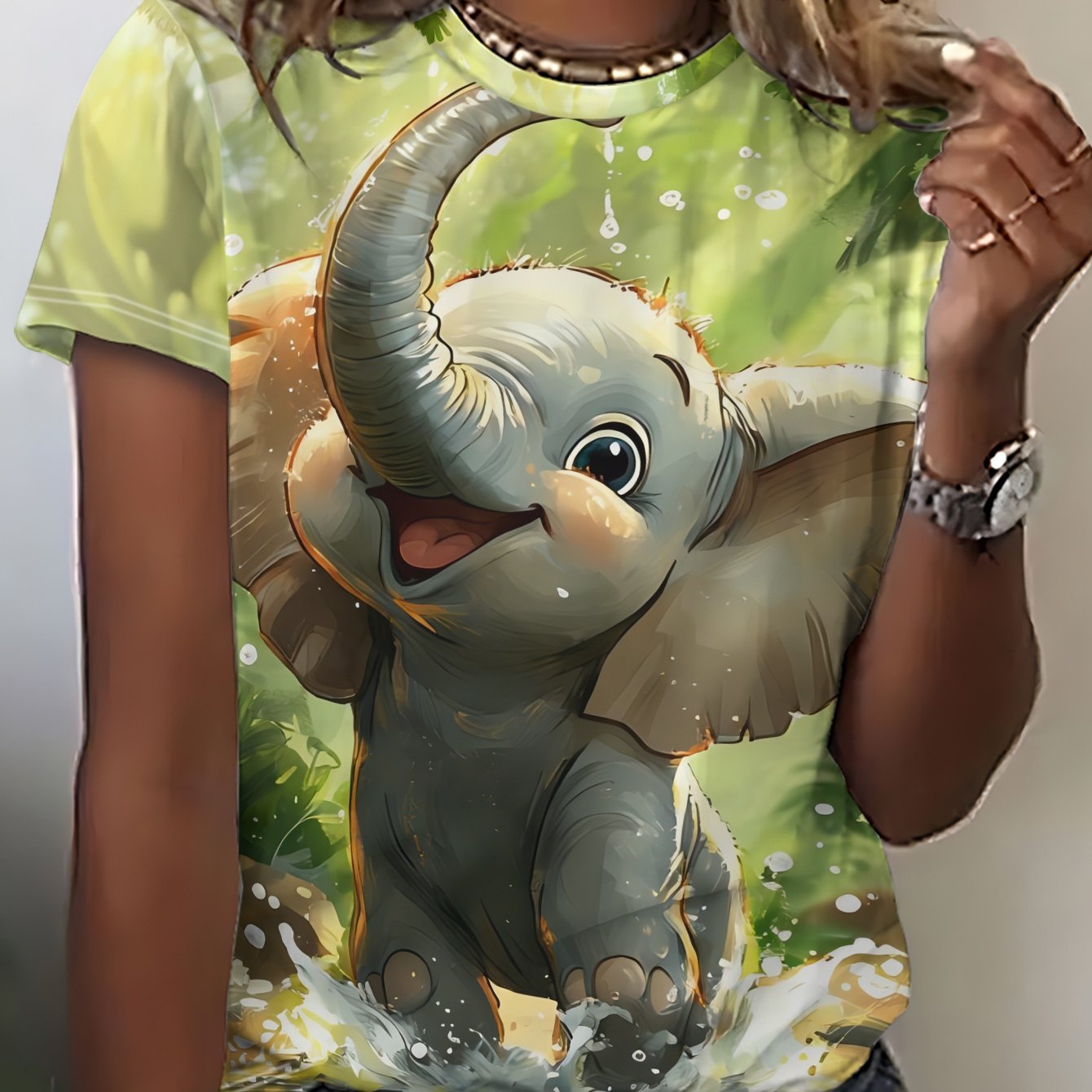 TEMU Summer Women's Short-sleeve T-shirt Featuring A Cute Playing In A Forest Stream, Splashing Water Joyfully. It Has A Printed Design, Made Of,