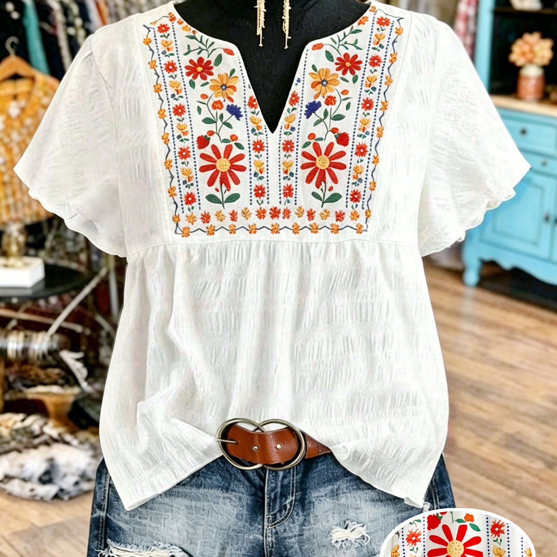 TEMU Bohemian White Print V-neck Short-sleeved Top Summer Loose Pleated Texture Artistic Style Vacation T-shirt Ethnic Style Colorful Floral