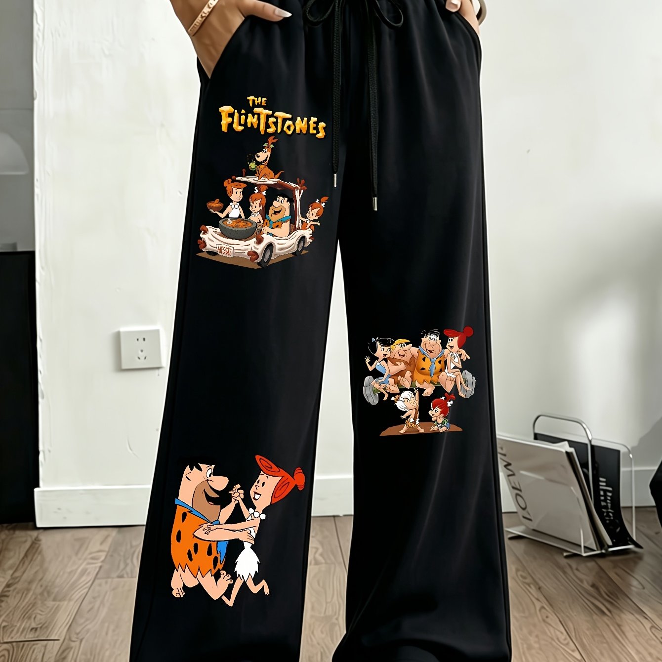TEMU Women's Casual Long Pants With Elastic Waistband, For Spring, Summer, And Autumn Daily , Trendy Texture, Character Figure Pattern Placement