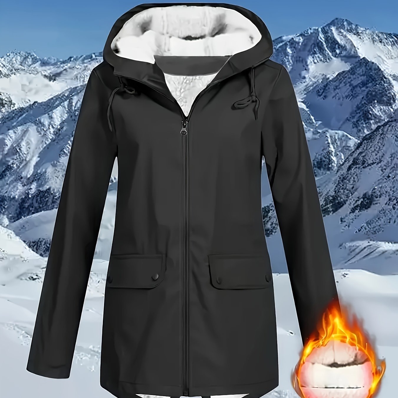 Image of Plus Size, Plus Size Plush-lined Hooded Jacket, Casual Long Sleeve Zip-up Winter Warm Coat, Women's Plus Size Clothing