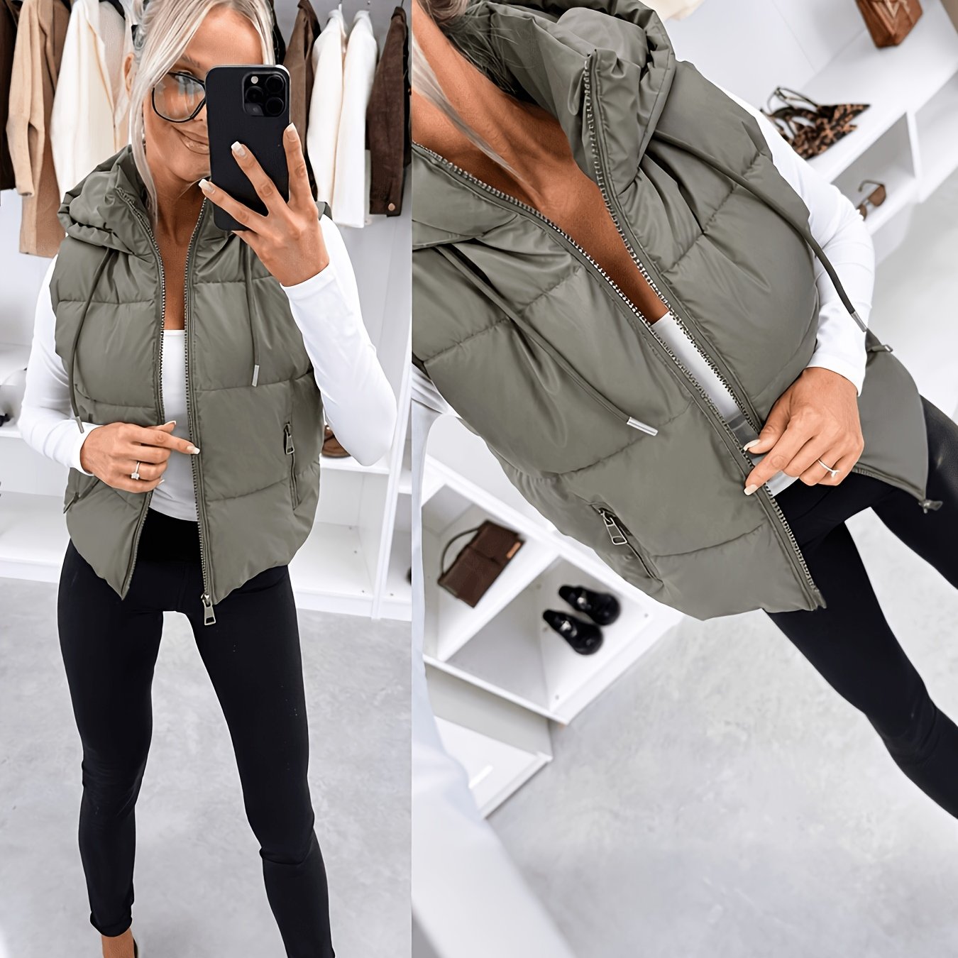 TEMU Women's Drawstring Hooded Vest, Front-zip Sleeveless Short Quilted Jacket, Lightweight Warm Layering Outerwear For Autumn/winter Casual Wear