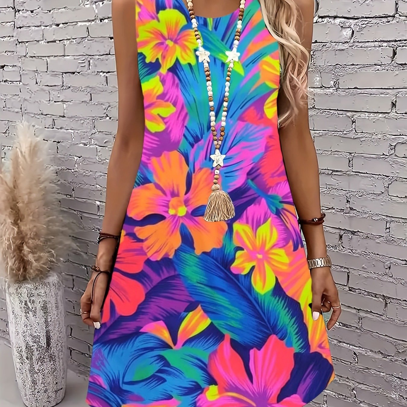 Image of Sleeveless Vest Dress Featuring A Vibrant Tropical Floral And Leaf Print - Perfect For Casual Summer Parties, Lightweight, Machine Washable, With A Round Neck Pullover Style And A Flowing Silhouette
