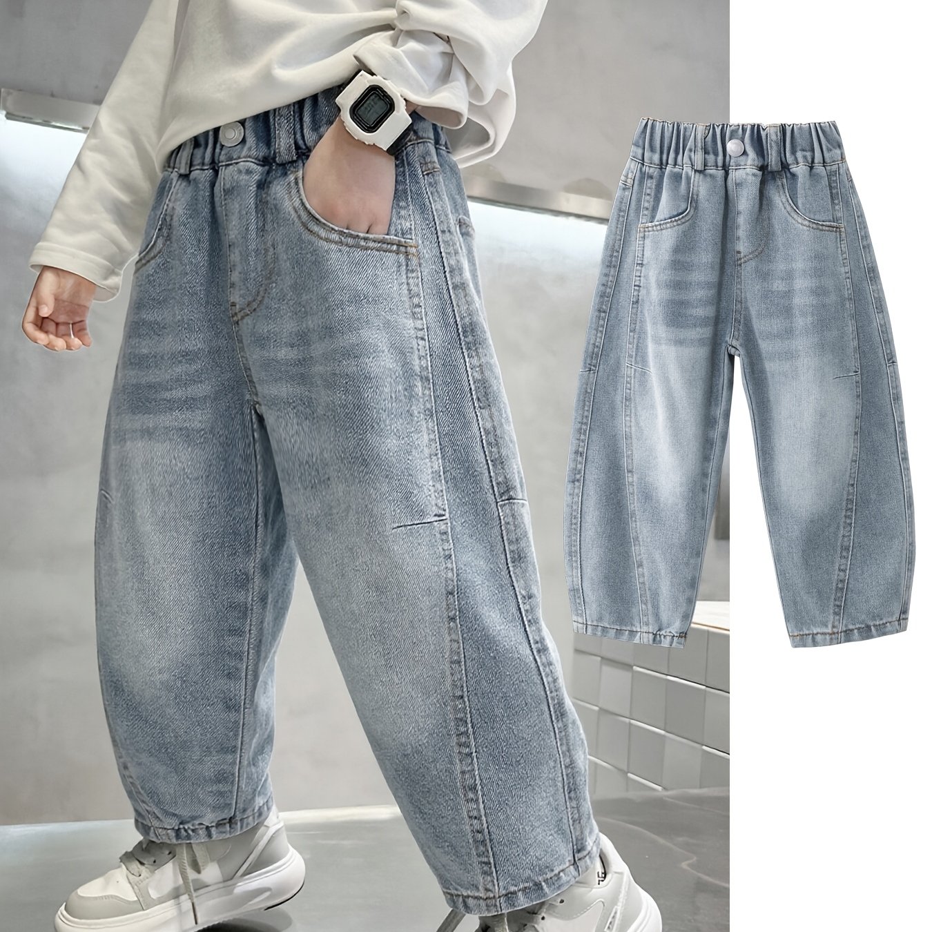 Image of Spring Style Curved Knife Jeans, Casual Loose Mid-size Korean Style Wide-leg Trousers (size Runs Small)