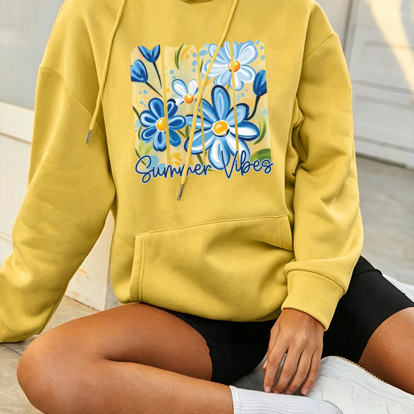Autumn/winter Women's Loose Fit Hoodie With Y2k Blue Daisy Print And Text, Black Hooded Pullover With Kangaroo Pocket, Casual Top