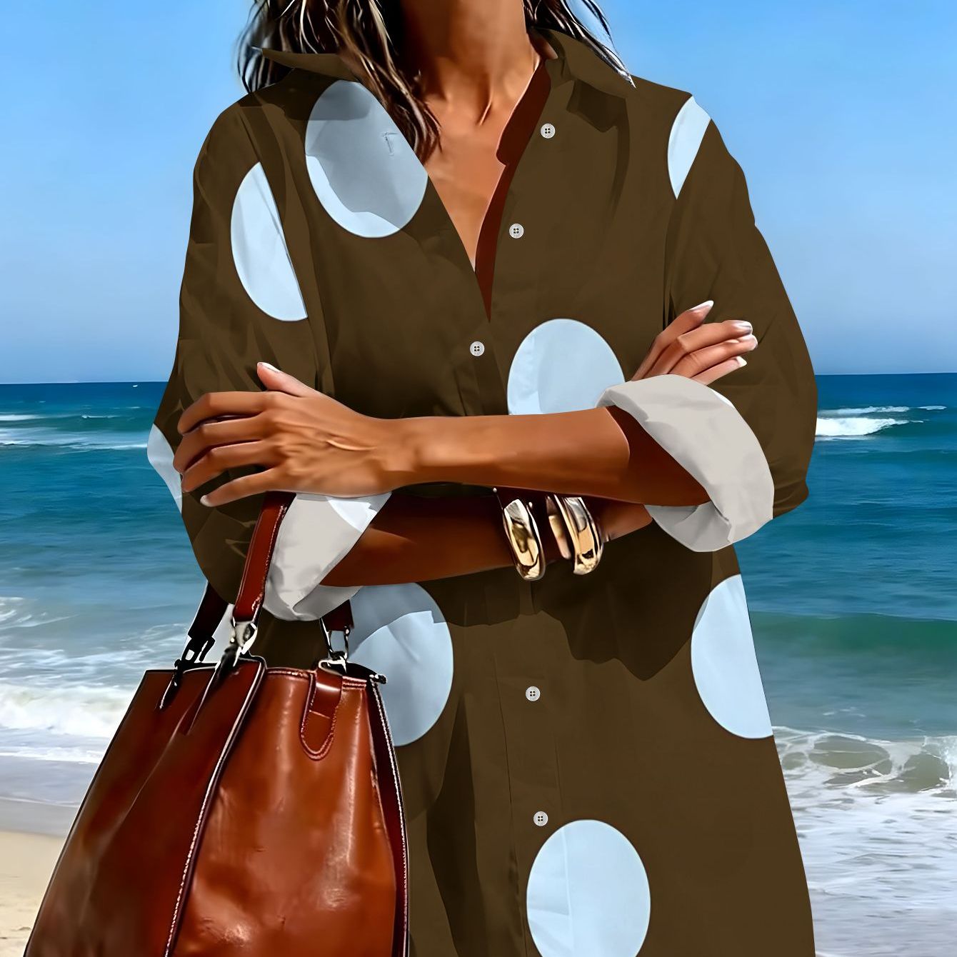 TEMU Women's Long Sleeve Shirt Dress, Light Blue Polka Dot Pattern On Brown Background, Summer Casual Vacation Versatile