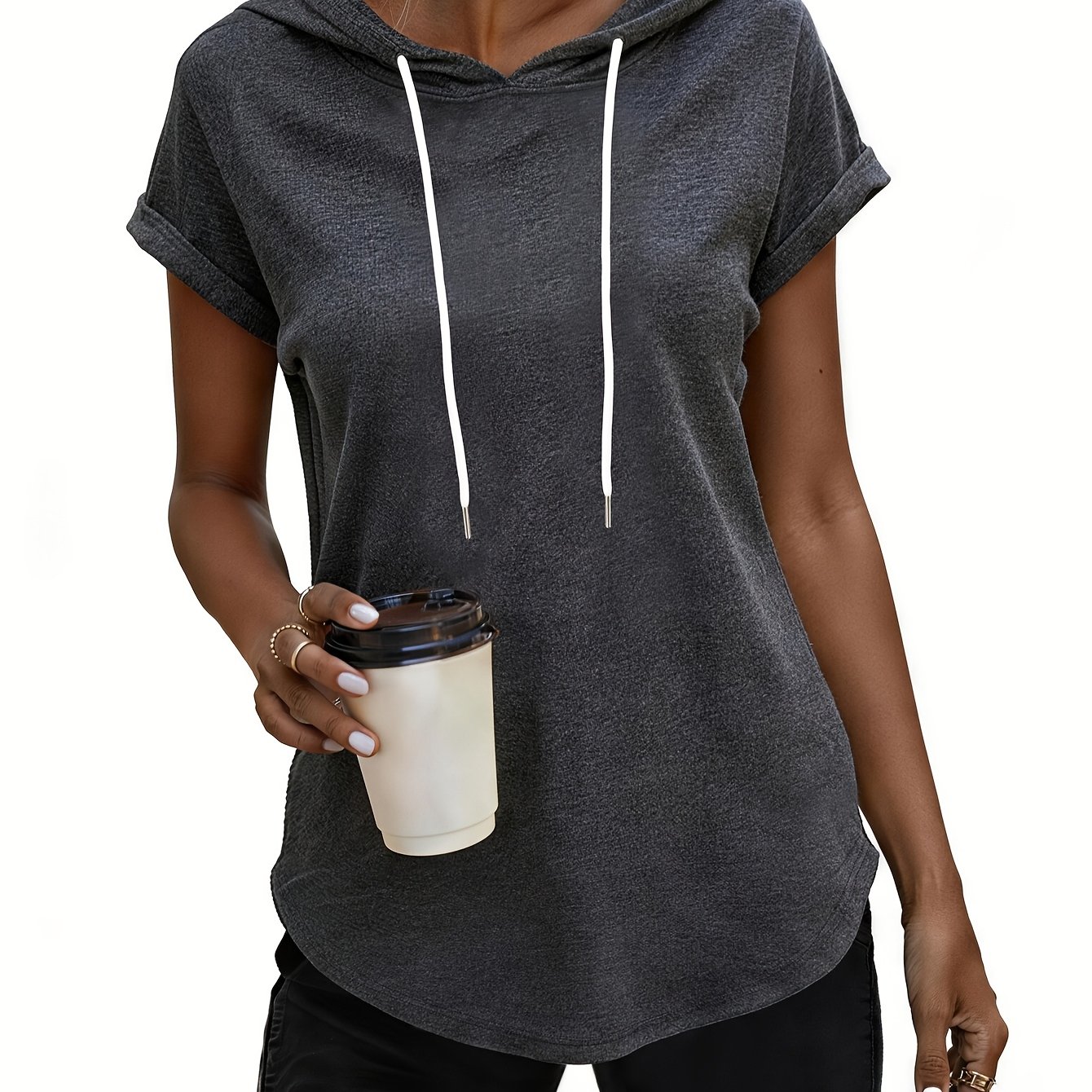 TEMU European And S Hooded Drawstring T-shirt, Elegant Spring And Summer Hooded Short-sleeved Rolled-up Casual S Shirt