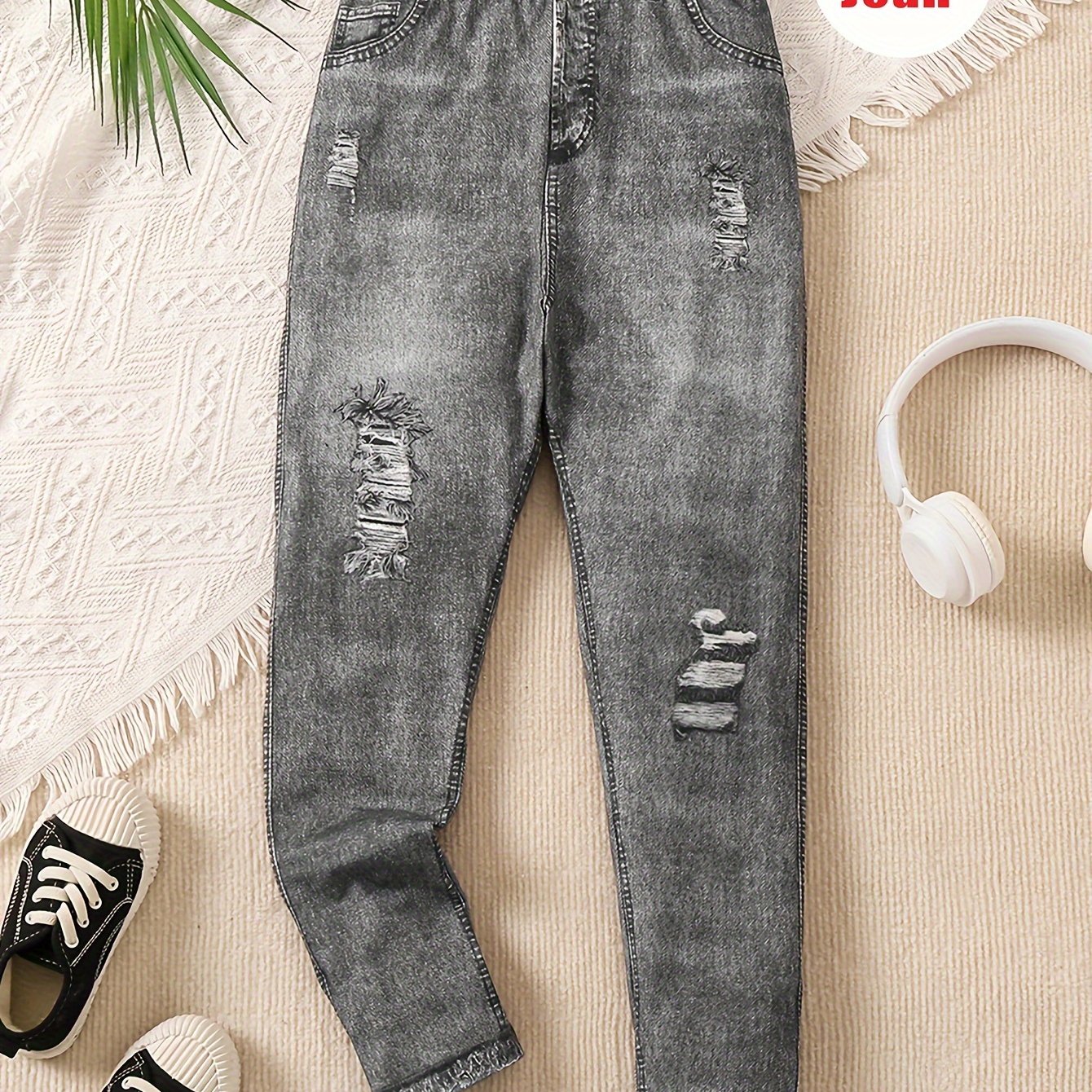 Girls Imitation Denim Print Allover Print Ripped Design - Temu Canada