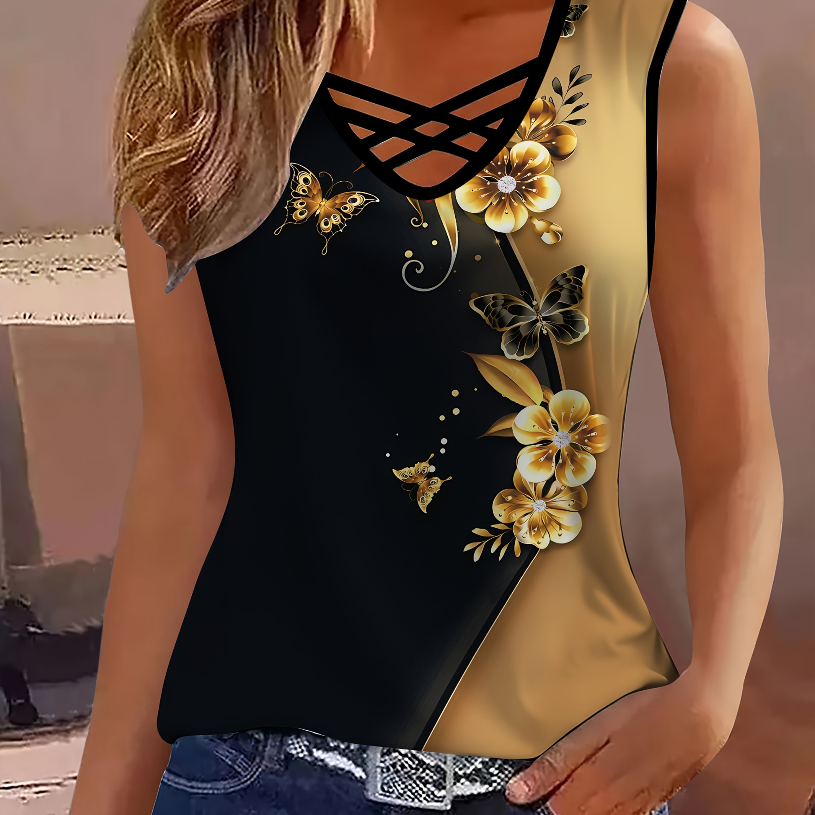 Image of Elegant Women's V-neck Crossover Printed T-shirt With Fashionable Golden Floral Patterns