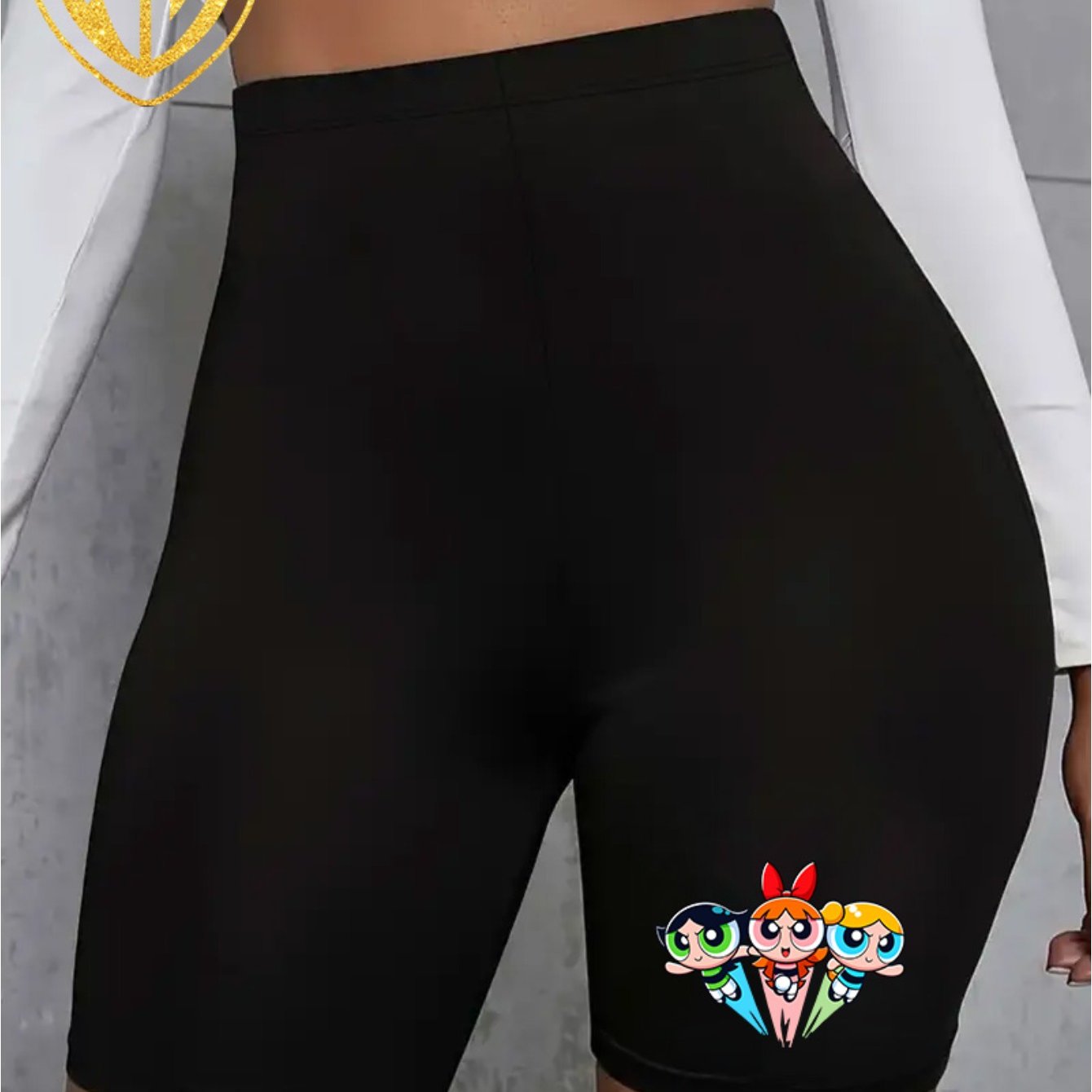 TEMU Warner Has High-waisted Black "powerpuff " Series Patterned Print S Shorts - Elastic, Comfortable And Breathable, For Casual Wear , Summer And
