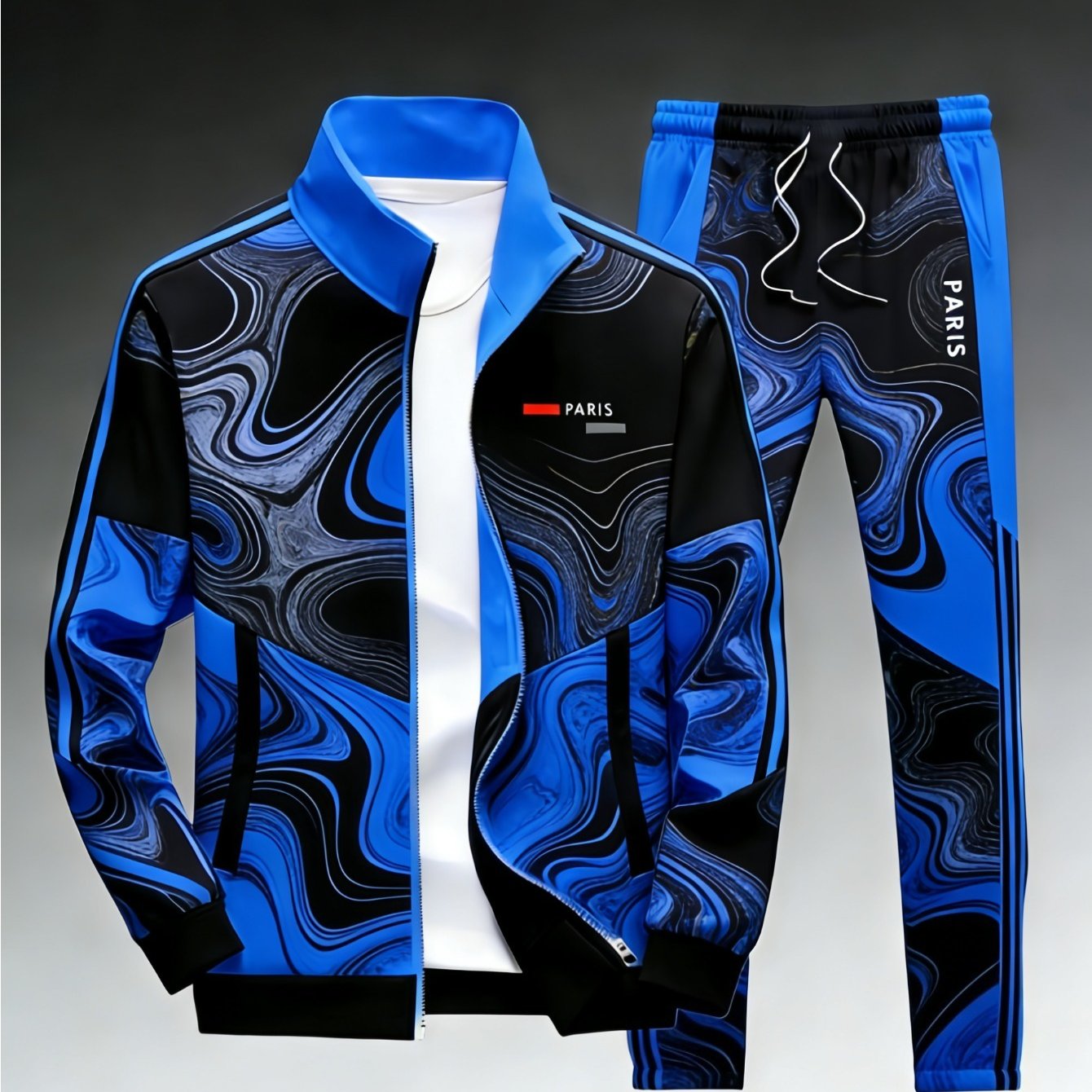 Image of Teenager 2pcs Black Blue Marble Swirl Color -sided Stripes Paris Tracksuit Set, Zipper Stand Collar Jacket And Drawstring Sweatpants, Casual Athletic Jogger Outfit, For Outdoor, For Teenager