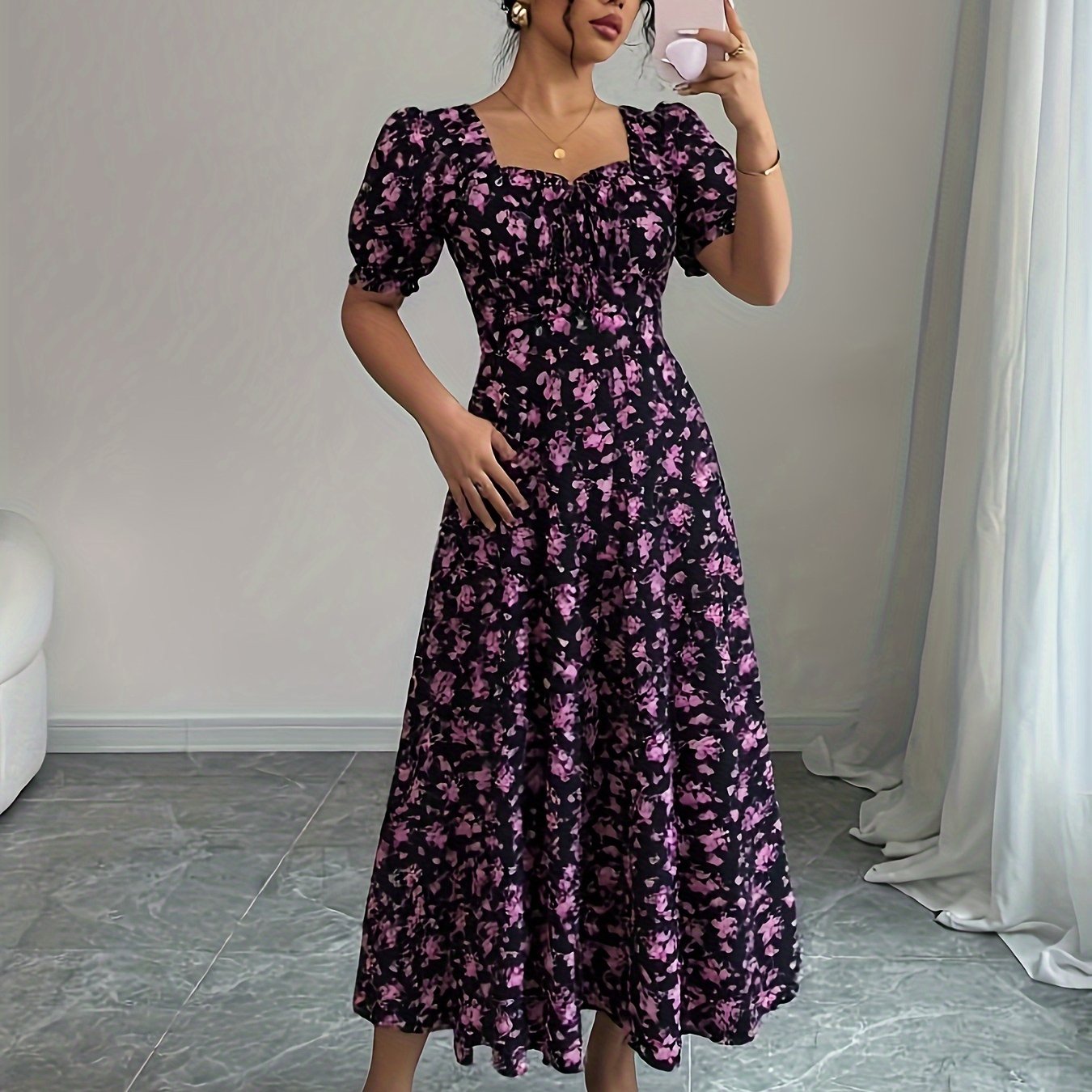 TEMU Women's Elegant Bohemian Floral Print Short Sleeve Maxi Dress With Back Tie And Front Drawstring Detail, Perfect For Beach Vacations, Street