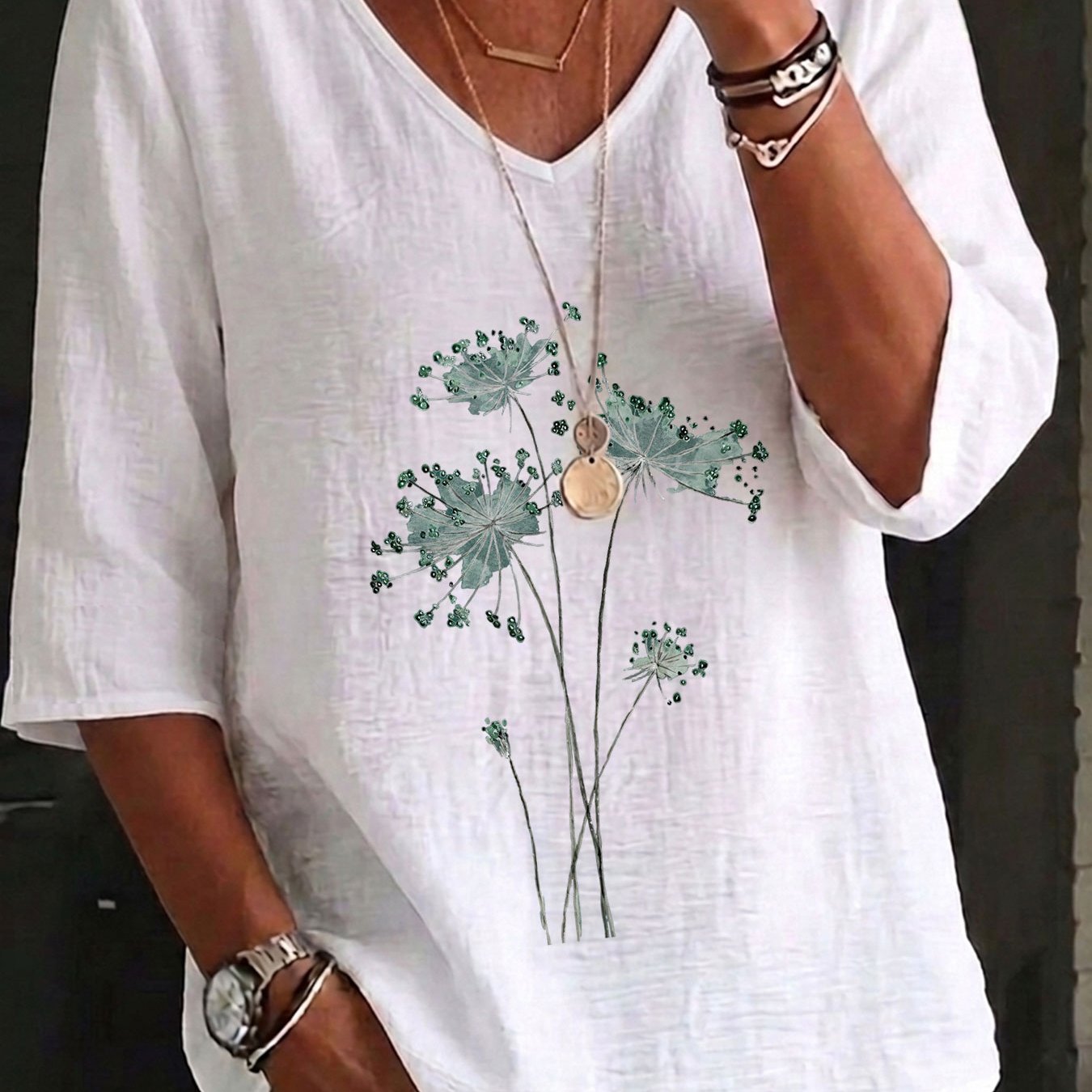 TEMU Spring Summer Casual 's Top, Watercolor Style Plant Stem Print Loose V-neck Three-quarter Sleeve Shirt