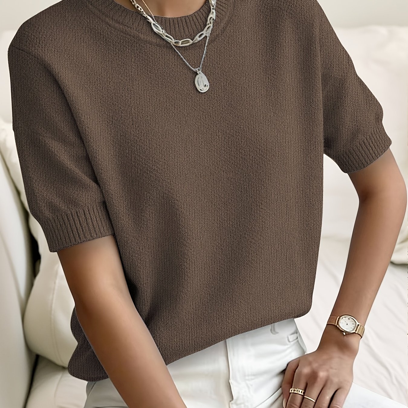TEMU Women's Vintage Home Fabric Pullover Sweater, Round Neck Short Sleeve, Soft And Comfortable Stretchy Pajama Top