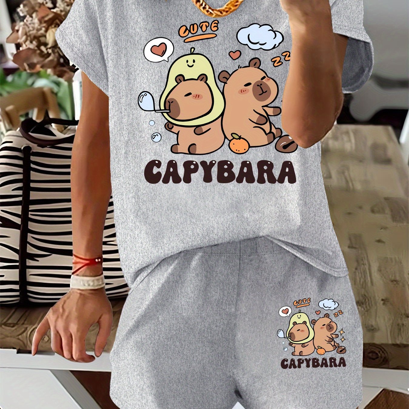 TEMU Women's Casual Capybara Print T-shirt And Shorts Set - Soft Fabric, Spring/summer Two-piece Outfit With Curved Hem, Short Sleeve Tee, And